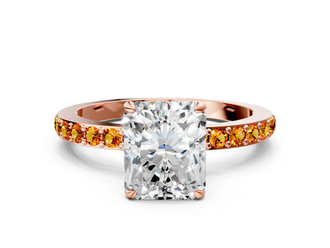 Rose gold Radiant Cut Diamond Pavé Engagement Ring with Round with Citrine side stone Accents and Prong Setting
