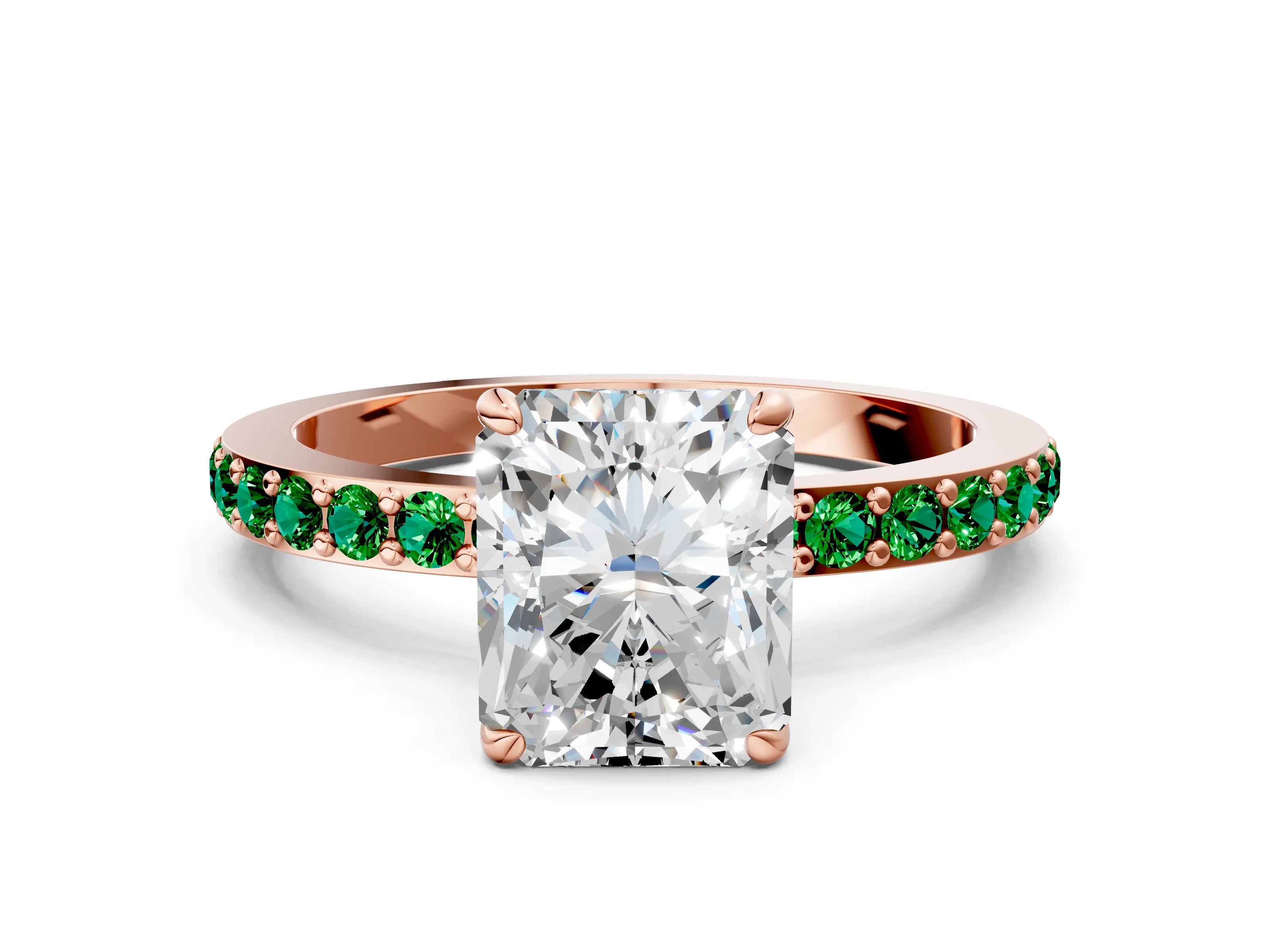 Rose gold Radiant Cut Diamond Pavé Engagement Ring with Round with Emerald side stone Accents and Prong Setting