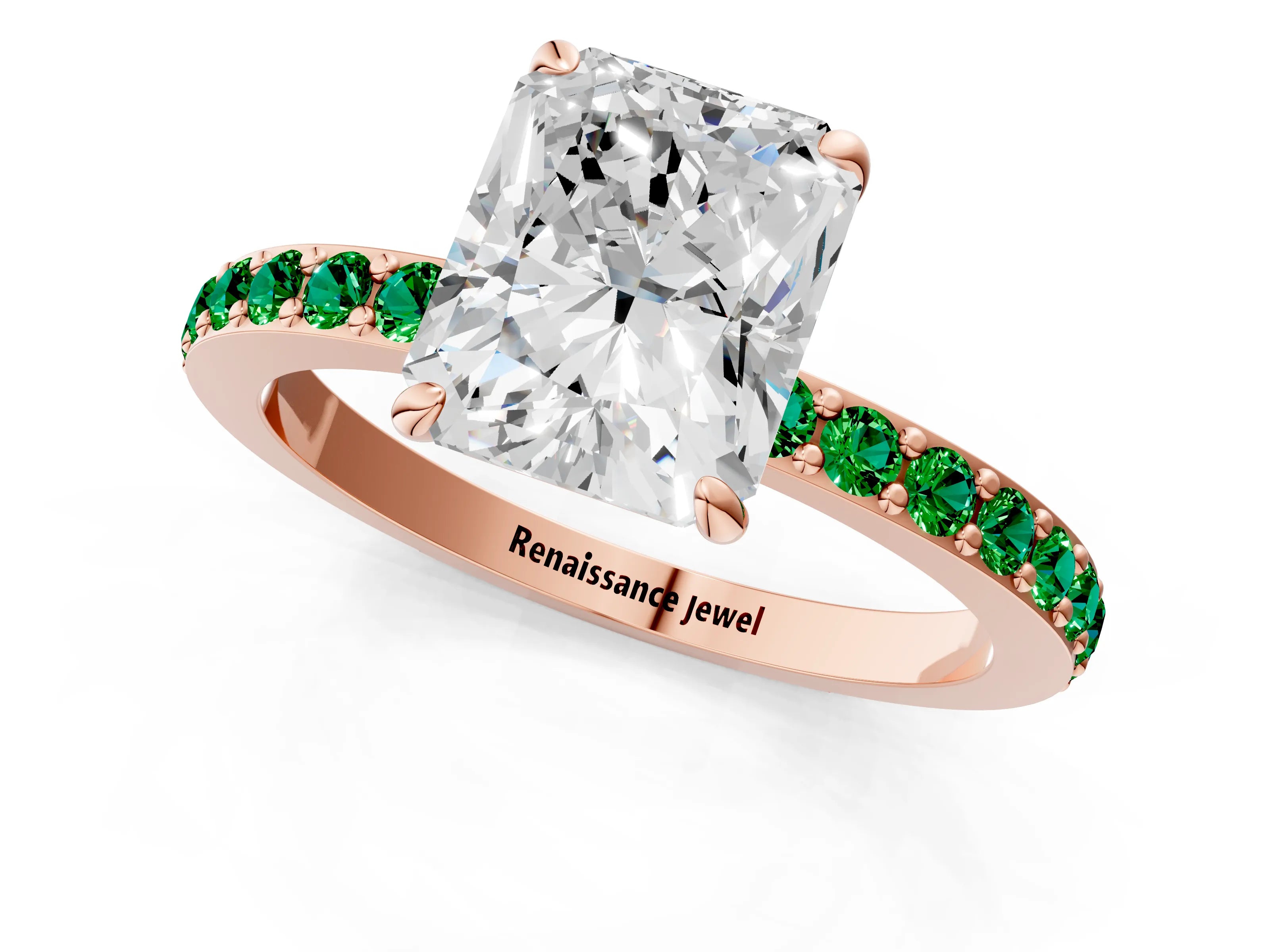 Rose gold Radiant Cut Diamond Pavé Engagement Ring with Round with Emerald side stone Accents and Prong Setting_1