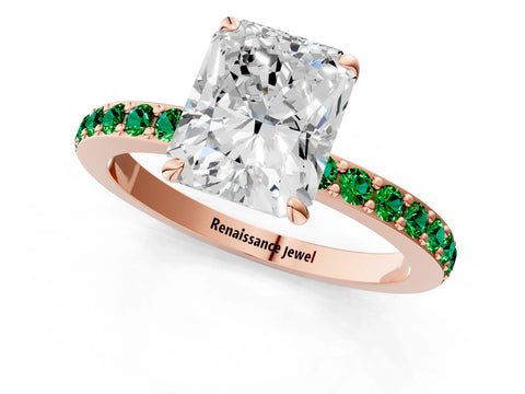 Rose gold Radiant Cut Diamond Pavé Engagement Ring with Round with Emerald side stone Accents and Prong Setting_1