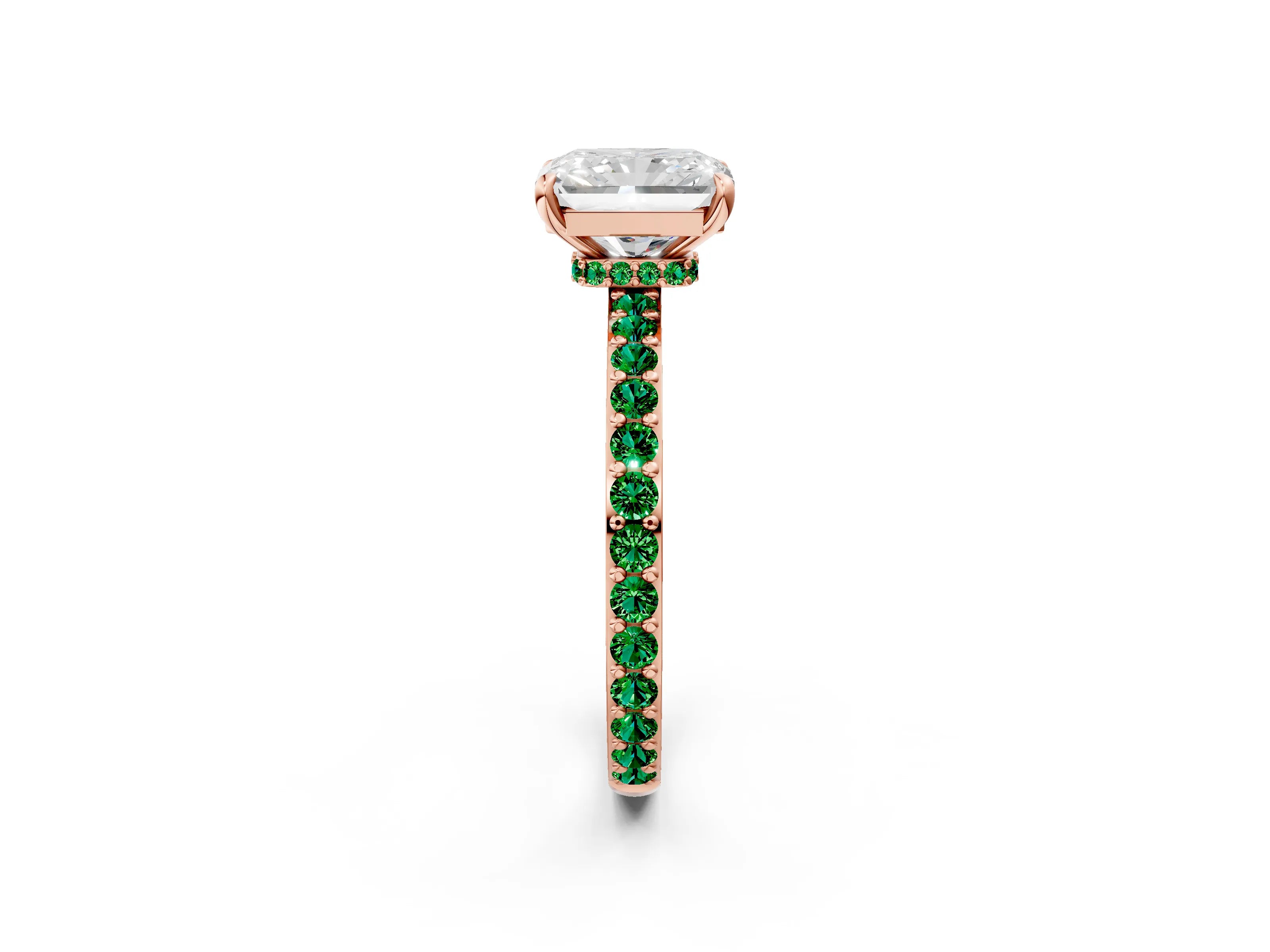 Rose gold Radiant Cut Diamond Pavé Engagement Ring with Round with Emerald side stone Accents and Prong Setting_2