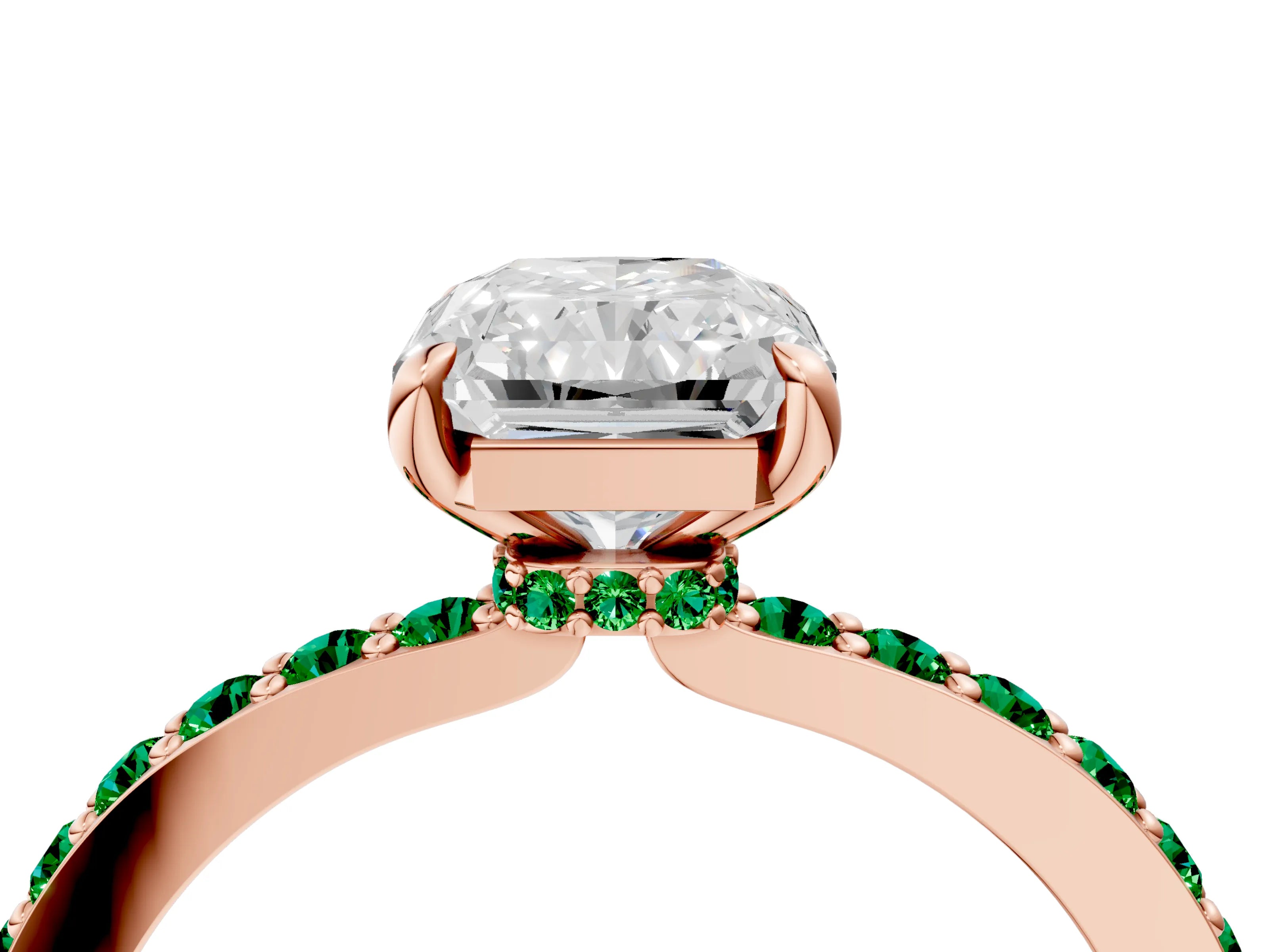 Rose gold Radiant Cut Diamond Pavé Engagement Ring with Round with Emerald side stone Accents and Prong Setting_4