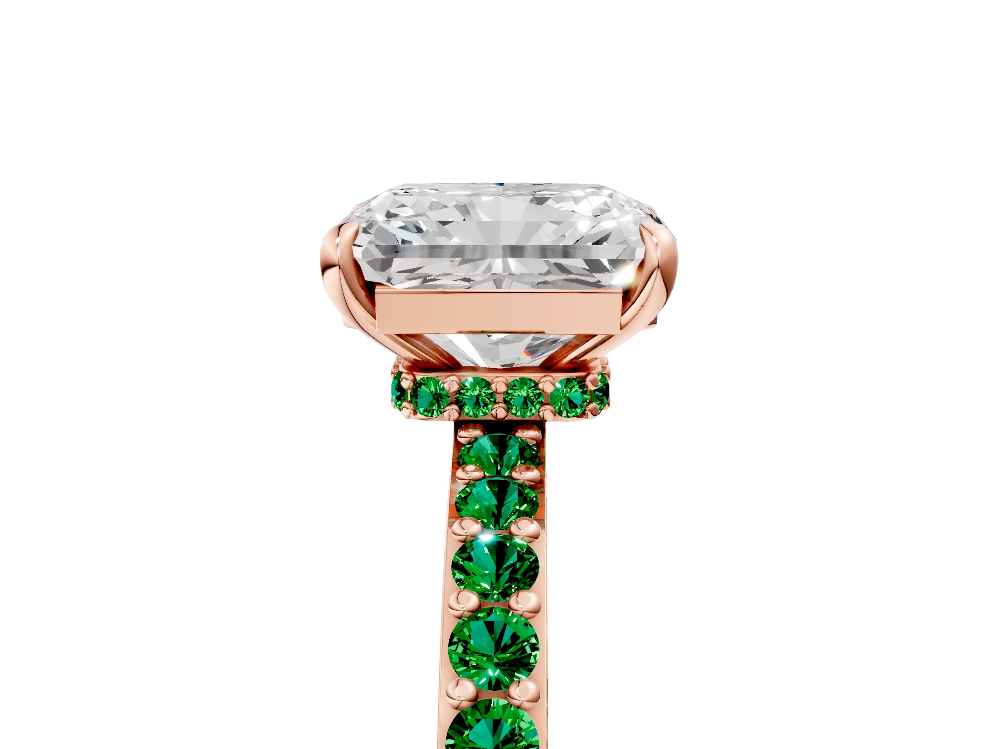 Rose gold Radiant Cut Diamond Pavé Engagement Ring with Round with Emerald side stone Accents and Prong Setting_5