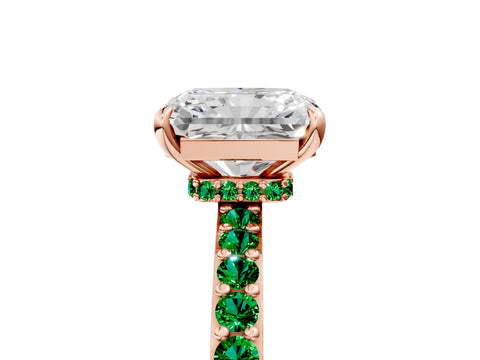 Rose gold Radiant Cut Diamond Pavé Engagement Ring with Round with Emerald side stone Accents and Prong Setting_5