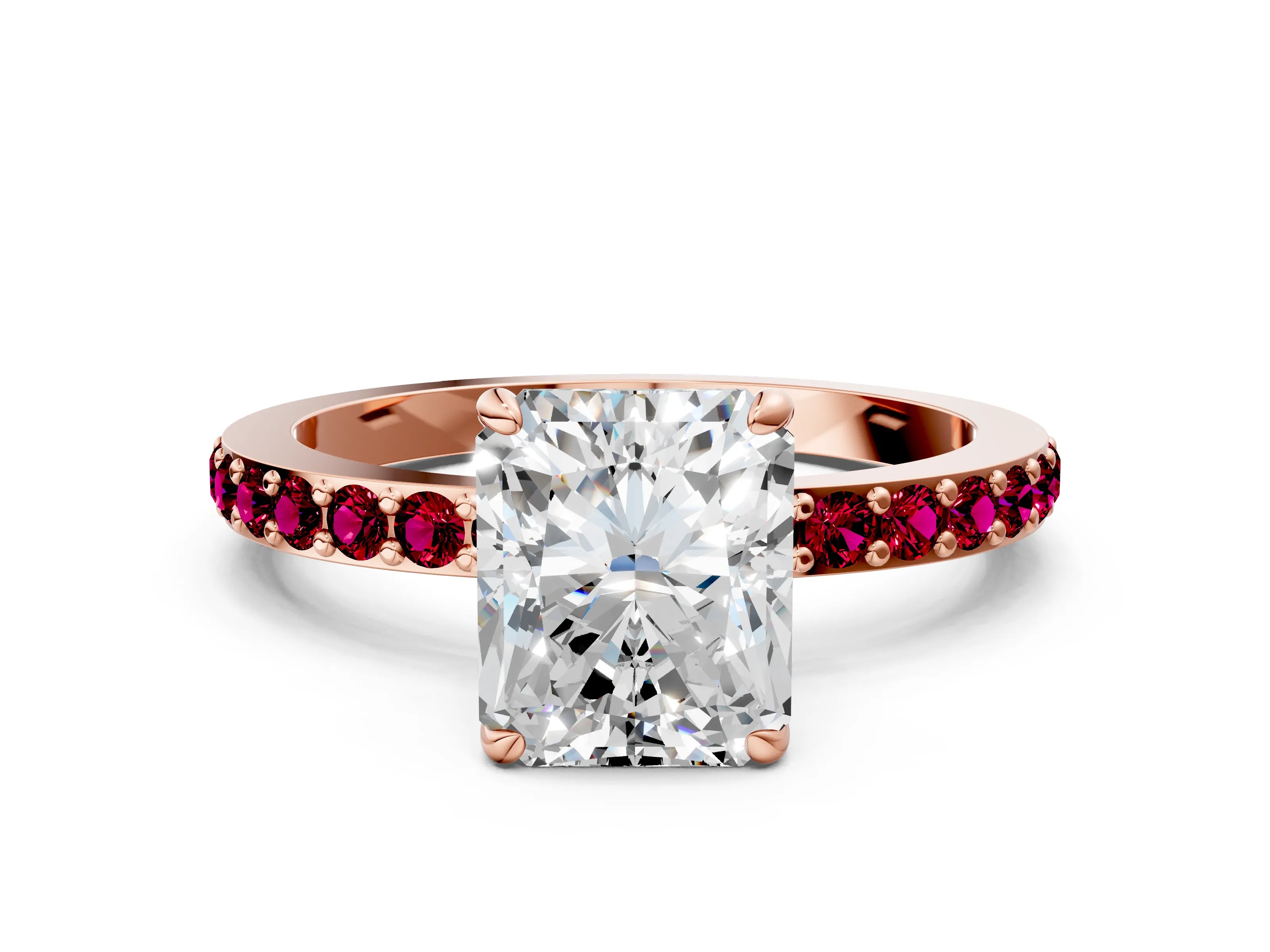 Rose gold Radiant Cut Diamond Pavé Engagement Ring with Round with Garnet side stone Accents and Prong Setting