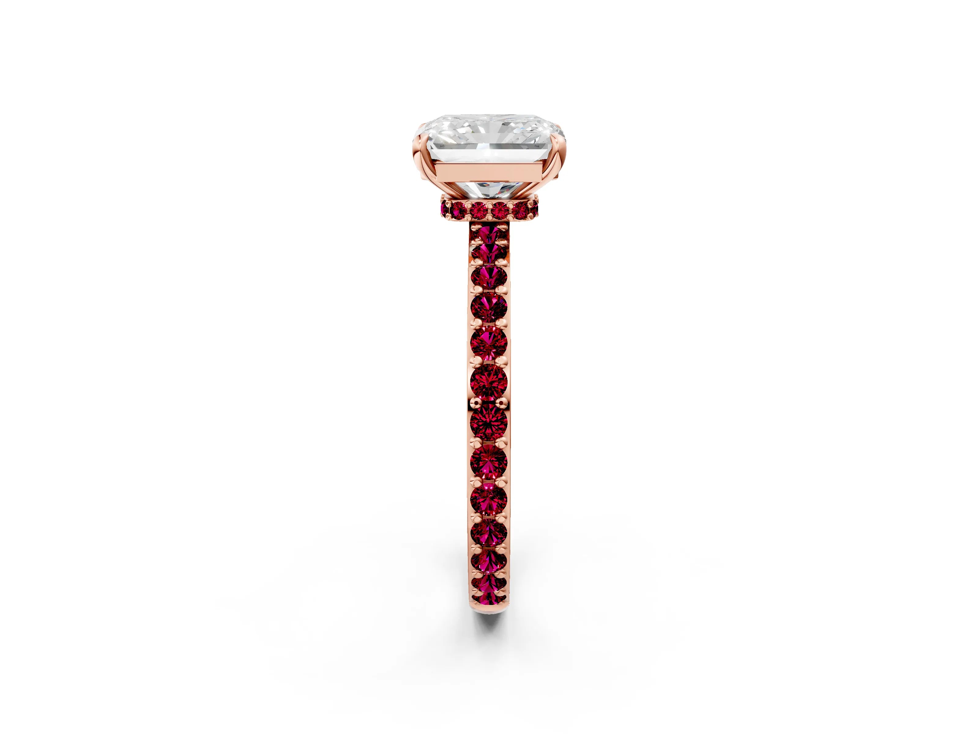 Rose gold Radiant Cut Diamond Pavé Engagement Ring with Round with Garnet side stone Accents and Prong Setting_2