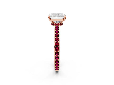 Rose gold Radiant Cut Diamond Pavé Engagement Ring with Round with Garnet side stone Accents and Prong Setting_2