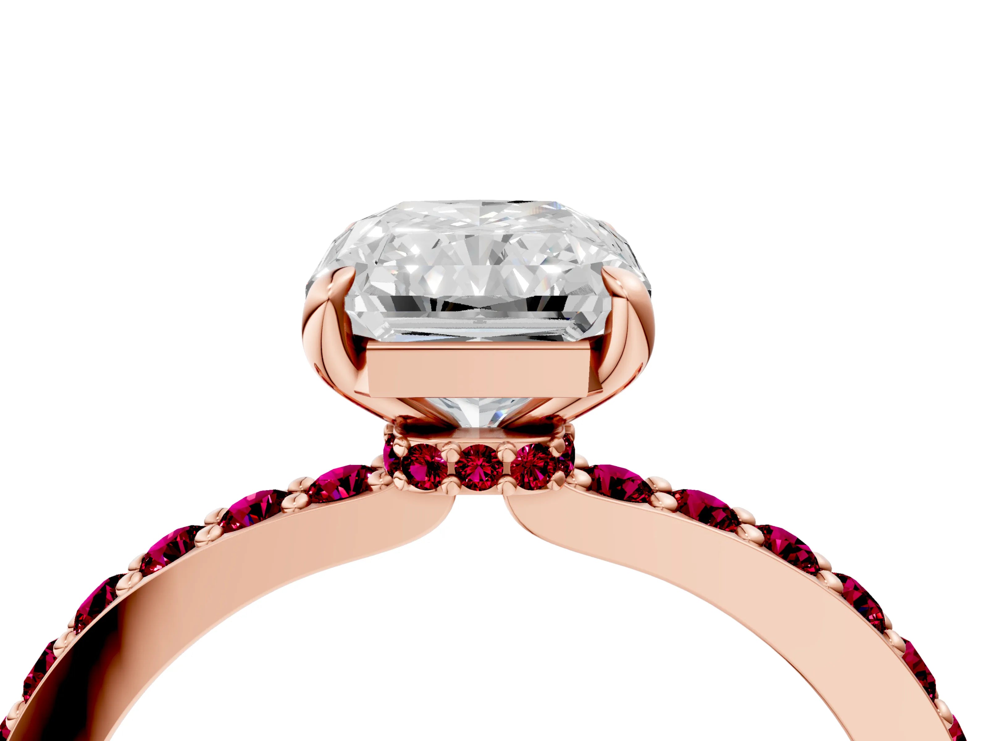 Rose gold Radiant Cut Diamond Pavé Engagement Ring with Round with Garnet side stone Accents and Prong Setting_4
