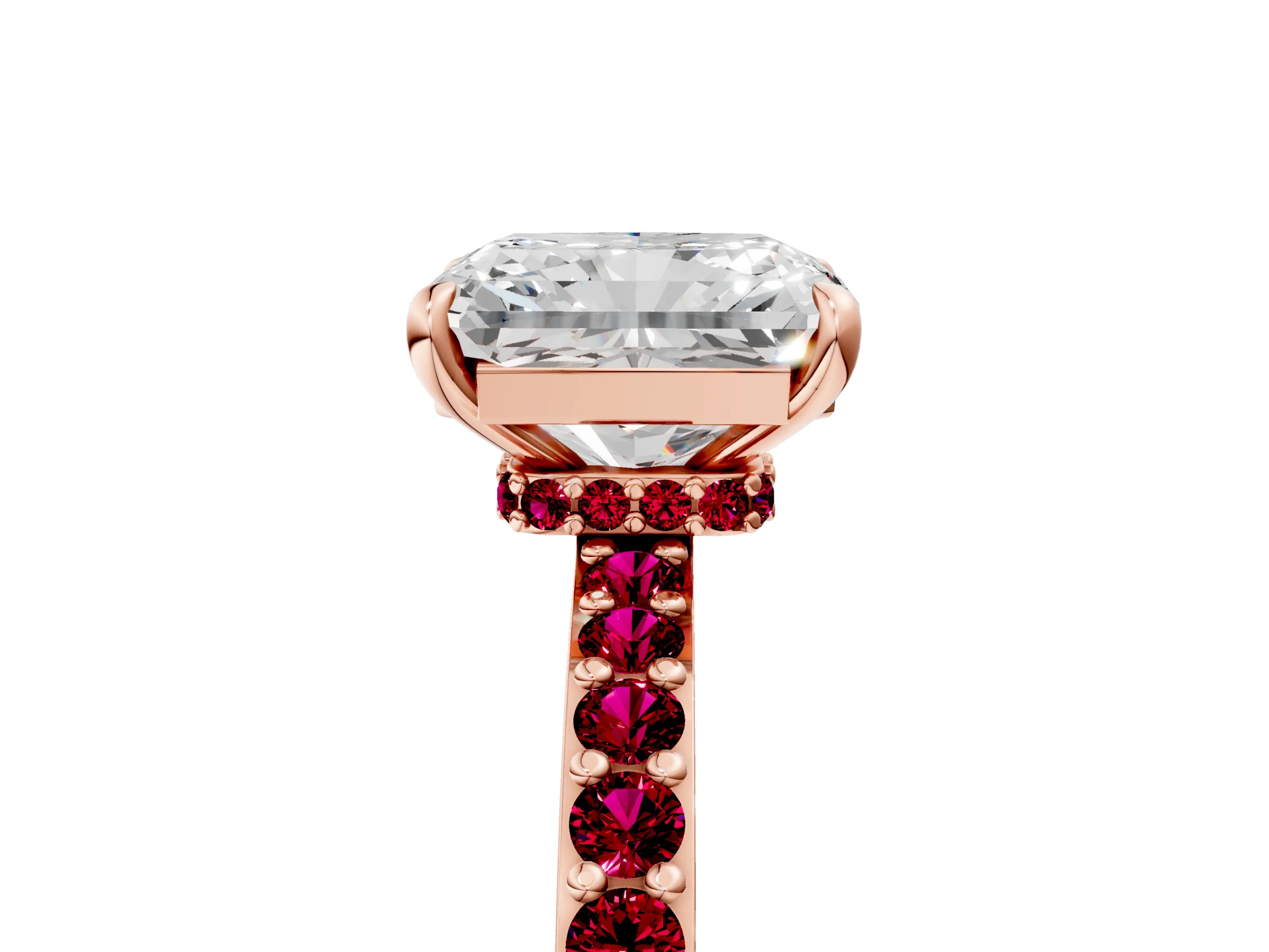 Rose gold Radiant Cut Diamond Pavé Engagement Ring with Round with Garnet side stone Accents and Prong Setting_5