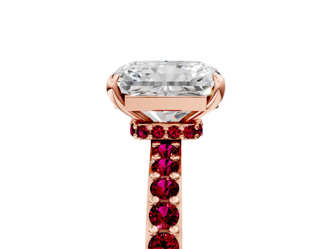 Rose gold Radiant Cut Diamond Pavé Engagement Ring with Round with Garnet side stone Accents and Prong Setting_5
