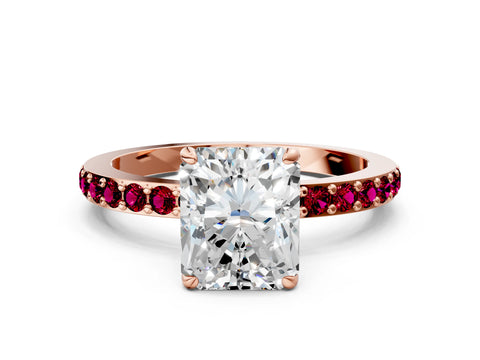 Rose gold Radiant Cut Diamond Pavé Engagement Ring with Round with Garnet side stone Accents and Prong Setting