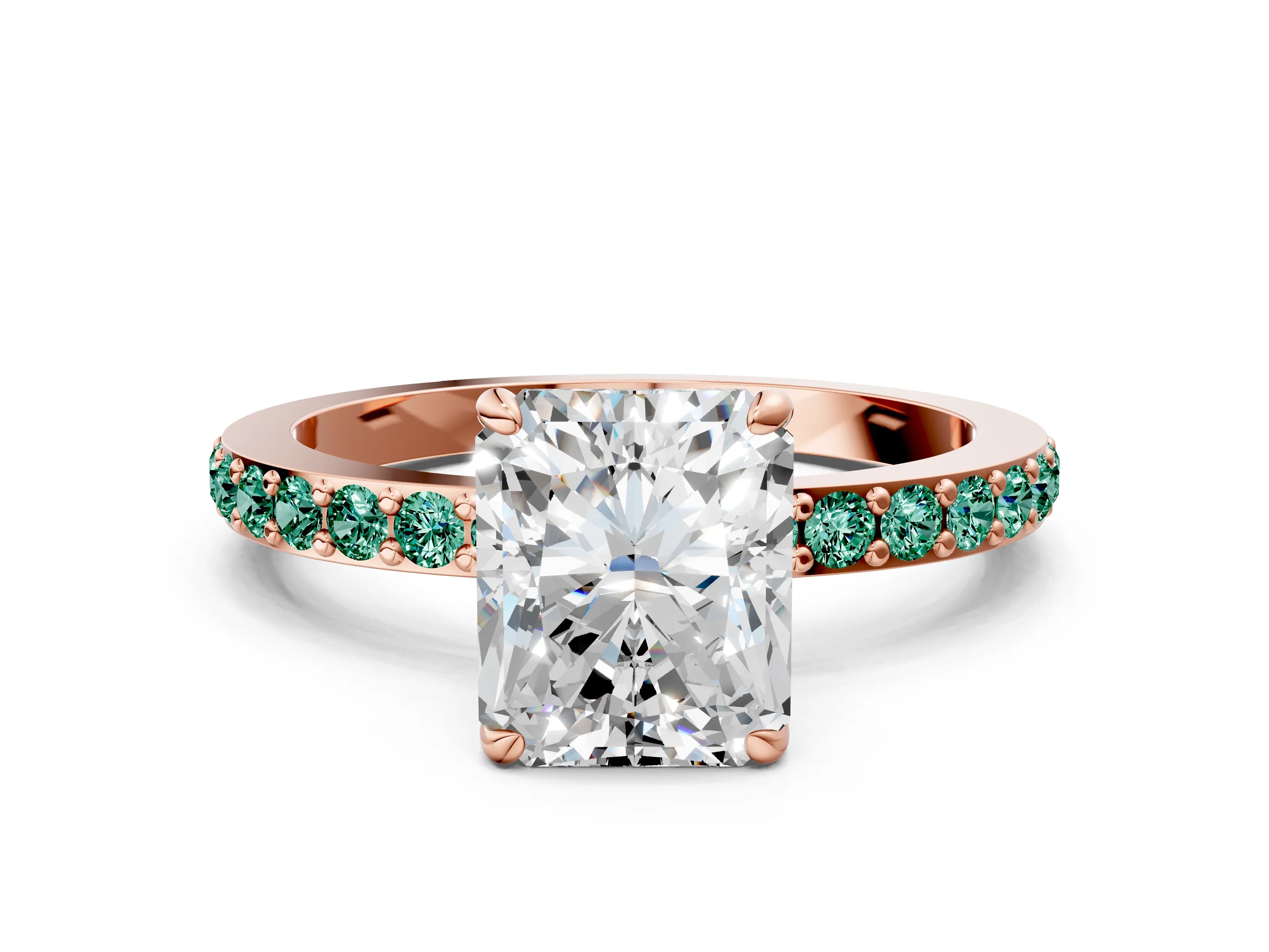 Rose gold Radiant Cut Diamond Pavé Engagement Ring with Round with Green Sapphire side stone Accents and Prong Setting