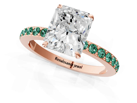 Rose gold Radiant Cut Diamond Pavé Engagement Ring with Round with Green Sapphire side stone Accents and Prong Setting_1