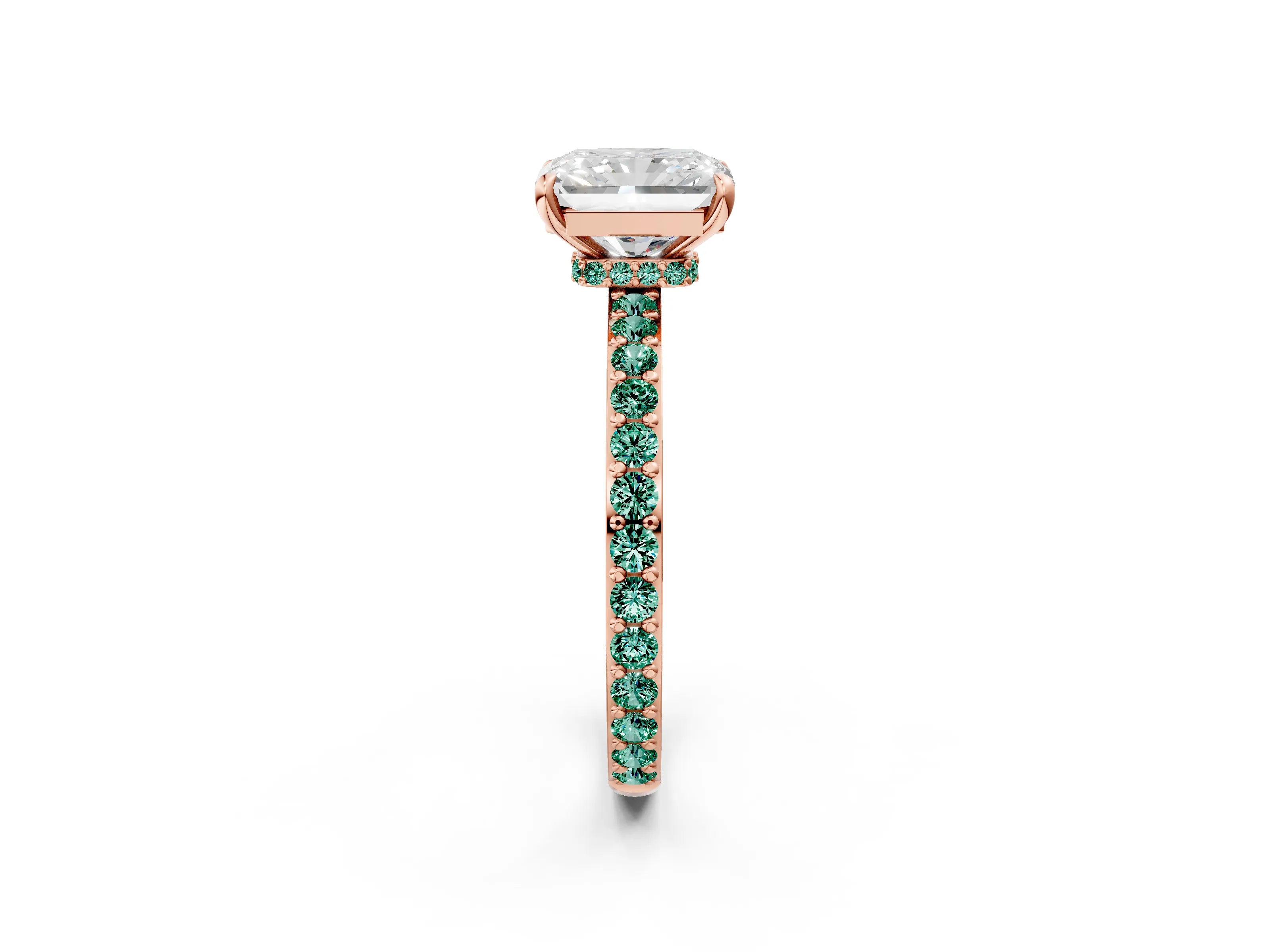 Rose gold Radiant Cut Diamond Pavé Engagement Ring with Round with Green Sapphire side stone Accents and Prong Setting_2