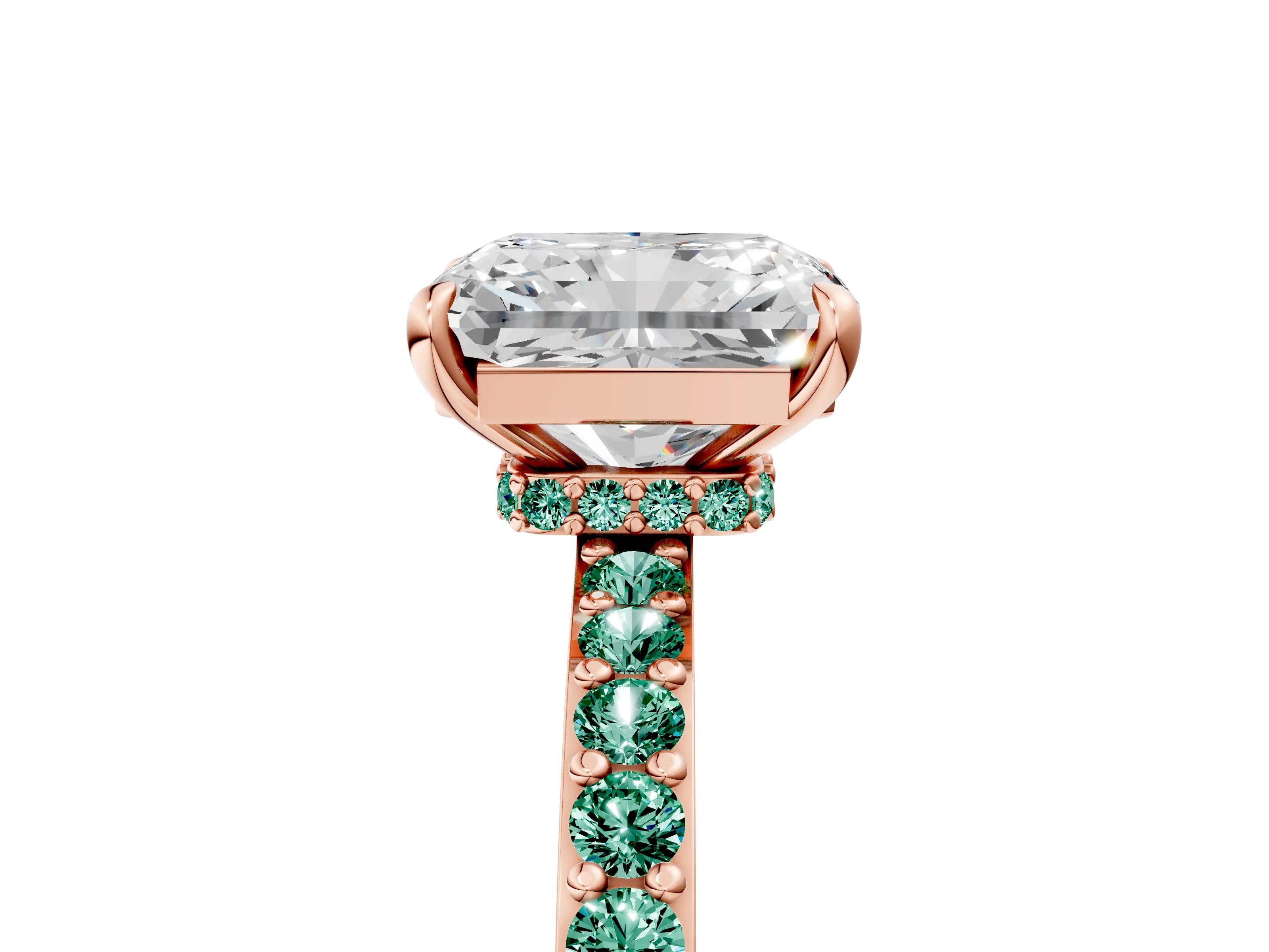 Rose gold Radiant Cut Diamond Pavé Engagement Ring with Round with Green Sapphire side stone Accents and Prong Setting_5