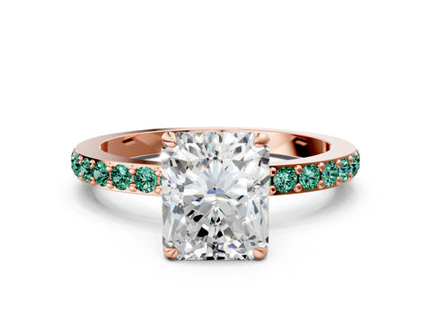 Rose gold Radiant Cut Diamond Pavé Engagement Ring with Round with Green Sapphire side stone Accents and Prong Setting