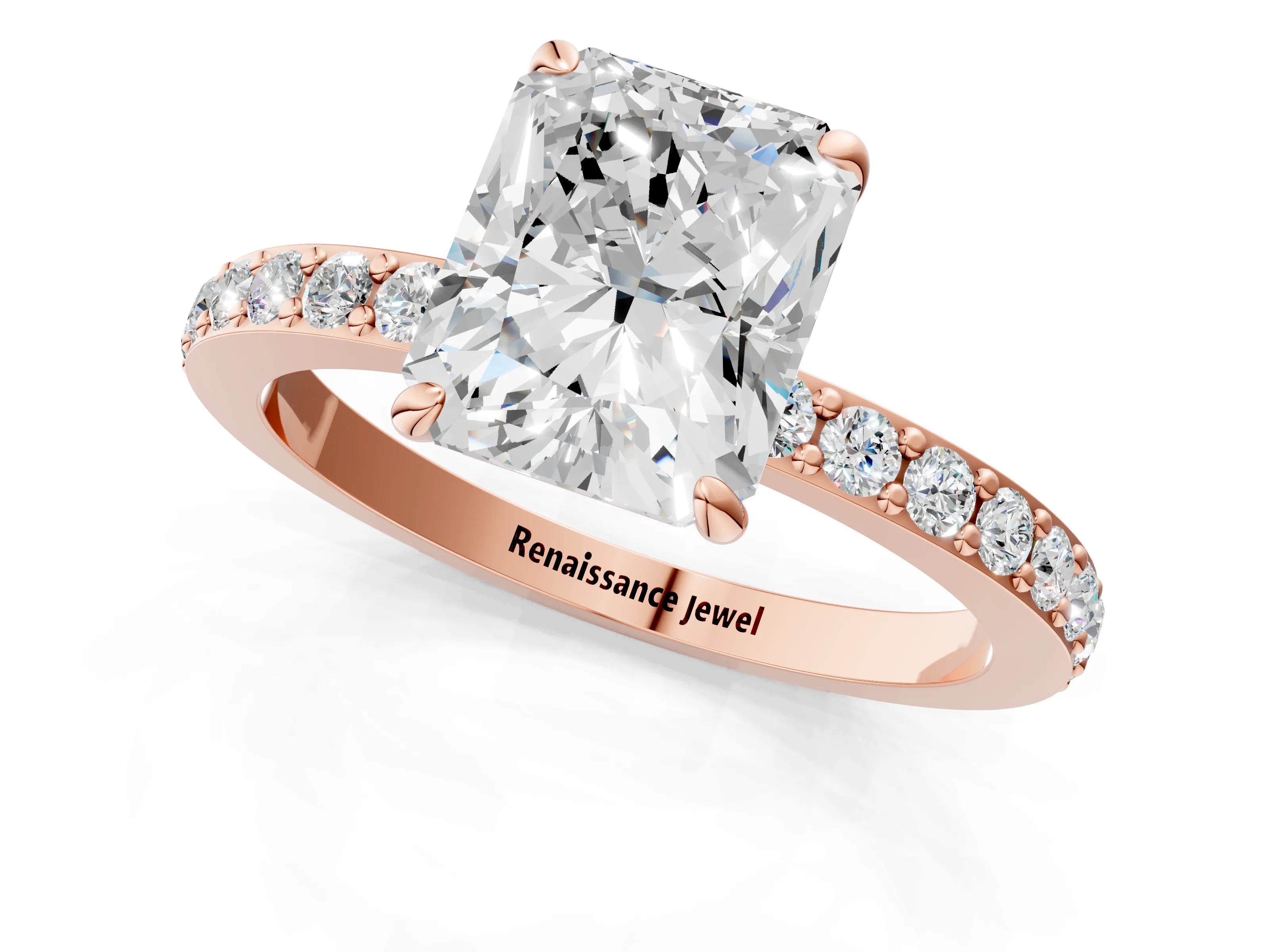 Rose gold Radiant Cut Diamond Pavé Engagement Ring with Round with Moissanite side stone Accents and Prong Setting_1