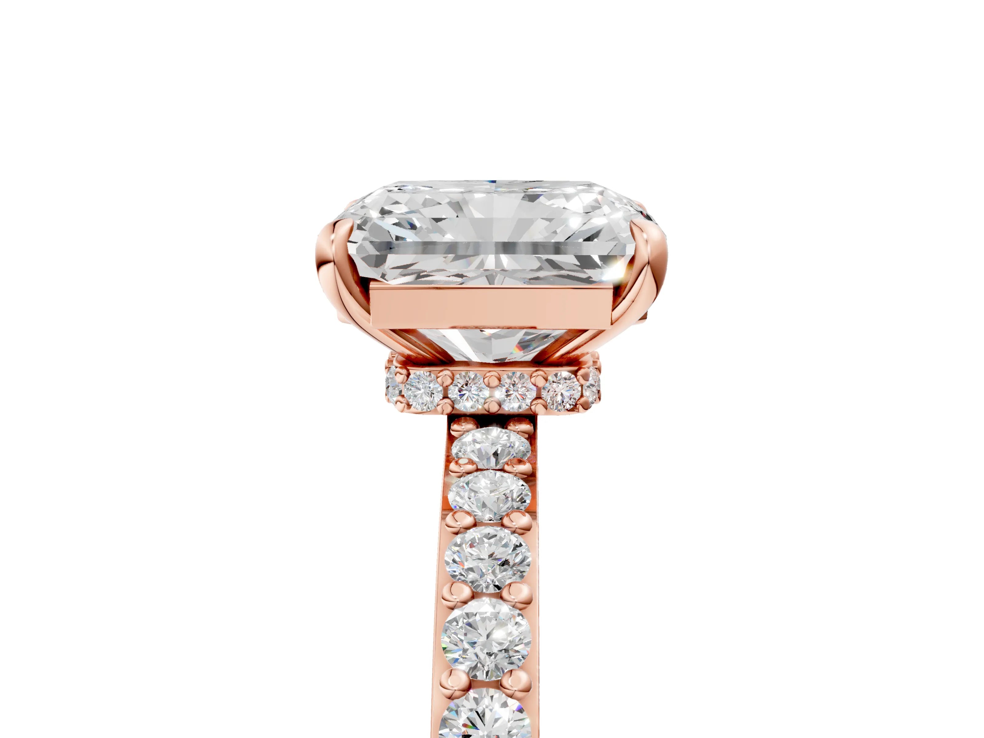 Rose gold Radiant Cut Diamond Pavé Engagement Ring with Round with Moissanite side stone Accents and Prong Setting_5