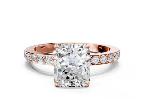Rose gold Radiant Cut Diamond Pavé Engagement Ring with Round with Moissanite side stone Accents and Prong Setting