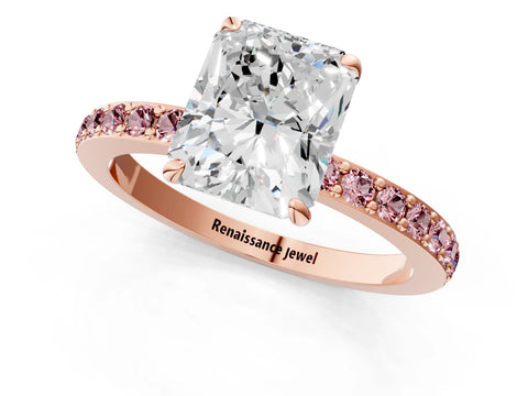 Rose gold Radiant Cut Diamond Pavé Engagement Ring with Round with Morganite side stone Accents and Prong Setting_1