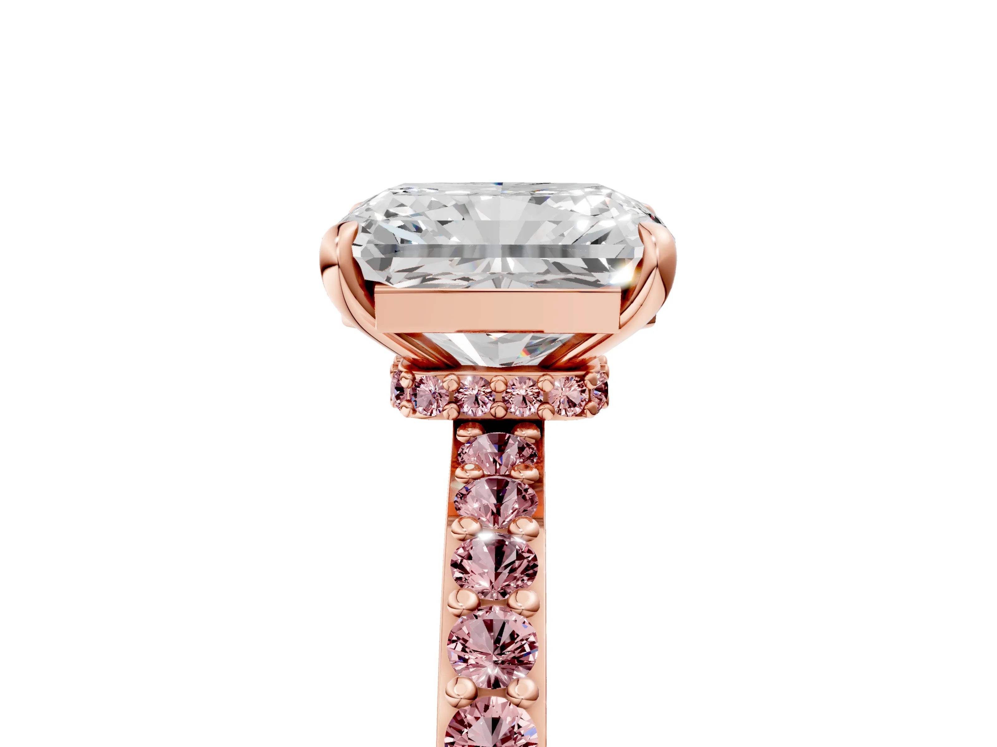 Rose gold Radiant Cut Diamond Pavé Engagement Ring with Round with Morganite side stone Accents and Prong Setting_5