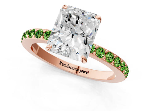 Rose gold Radiant Cut Diamond Pavé Engagement Ring with Round with Peridot side stone Accents and Prong Setting_1