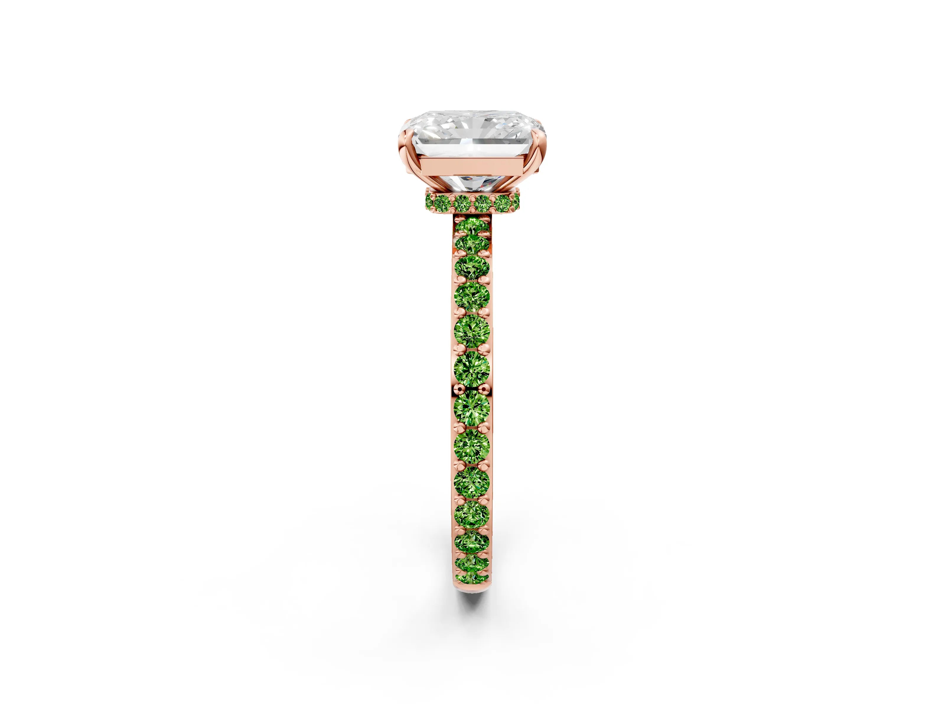 Rose gold Radiant Cut Diamond Pavé Engagement Ring with Round with Peridot side stone Accents and Prong Setting_2