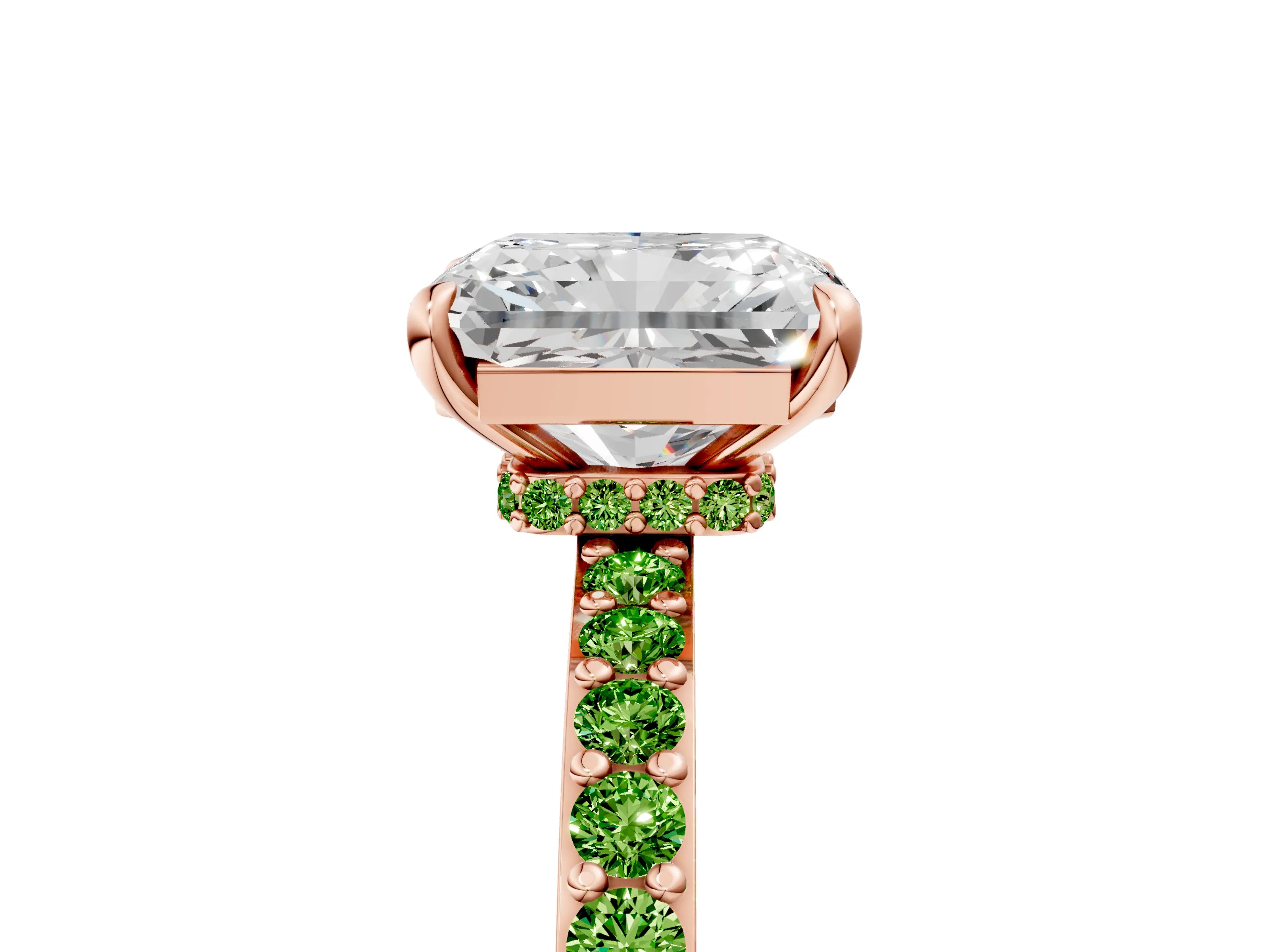 Rose gold Radiant Cut Diamond Pavé Engagement Ring with Round with Peridot side stone Accents and Prong Setting_5