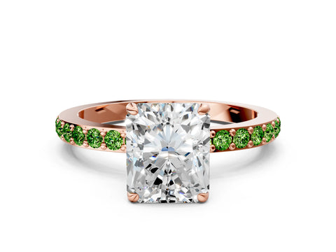 Rose gold Radiant Cut Diamond Pavé Engagement Ring with Round with Peridot side stone Accents and Prong Setting