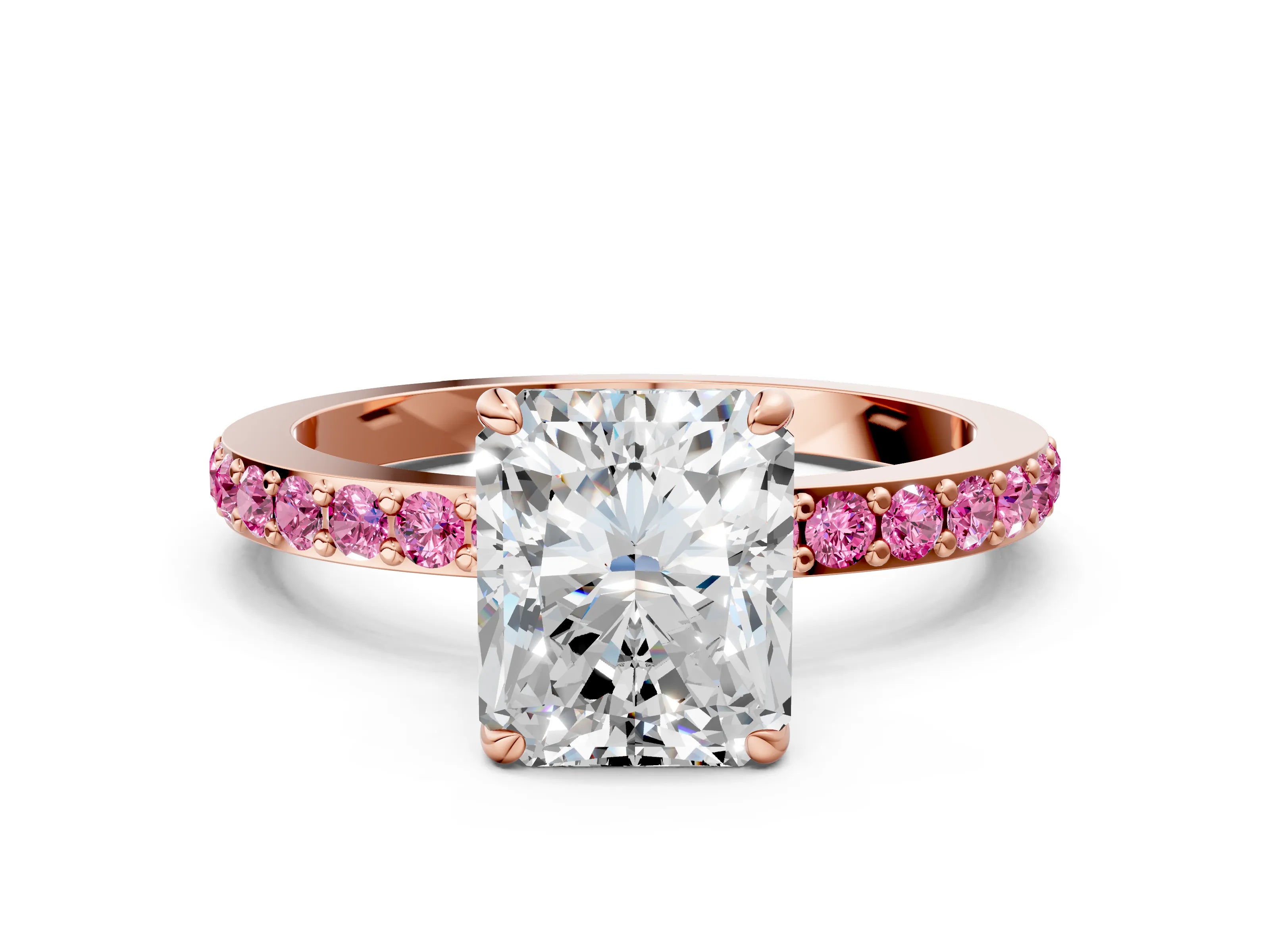 Rose gold Radiant Cut Diamond Pavé Engagement Ring with Round with Pink Sapphire side stone Accents and Prong Setting