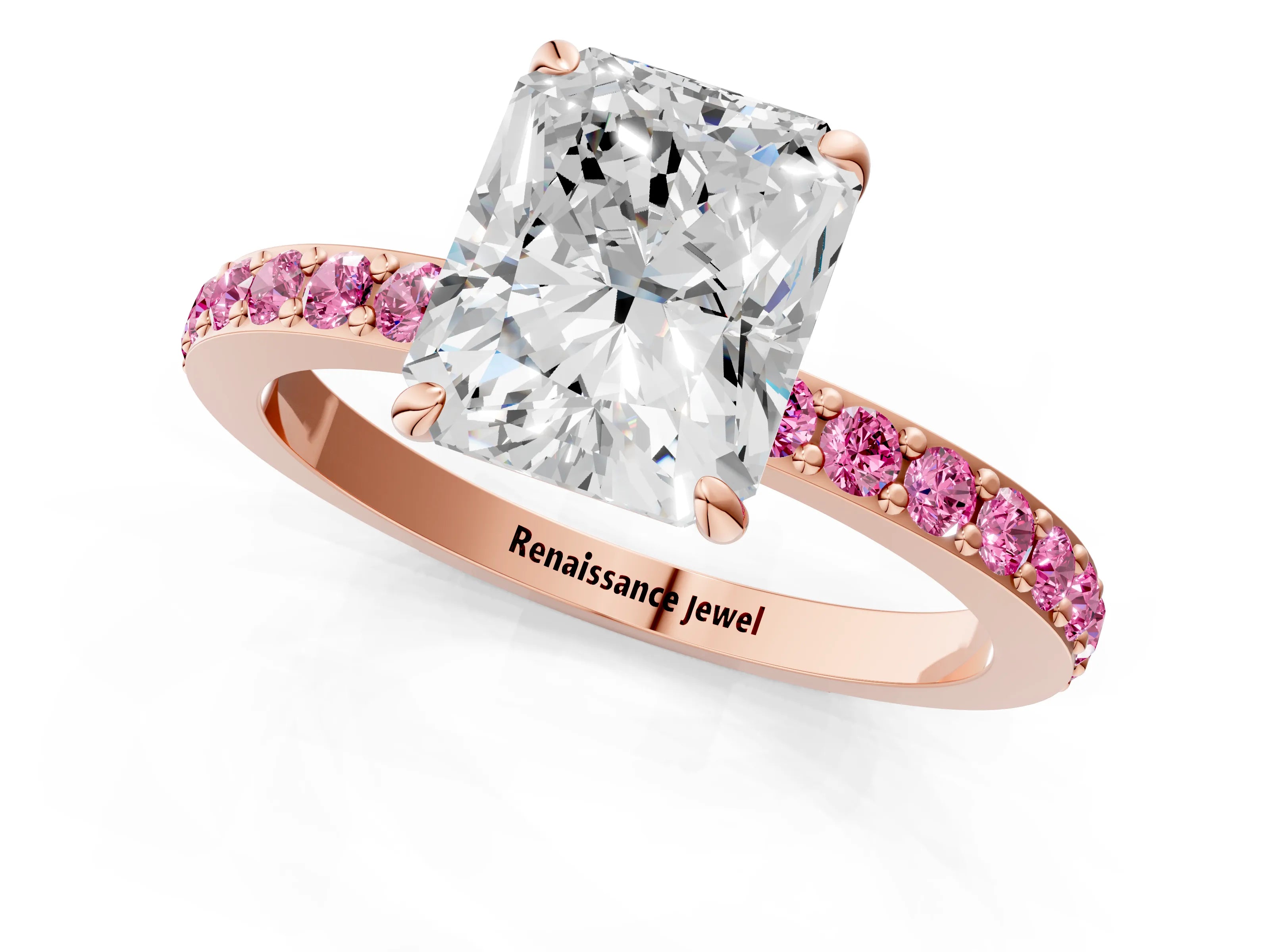 Rose gold Radiant Cut Diamond Pavé Engagement Ring with Round with Pink Sapphire side stone Accents and Prong Setting_1