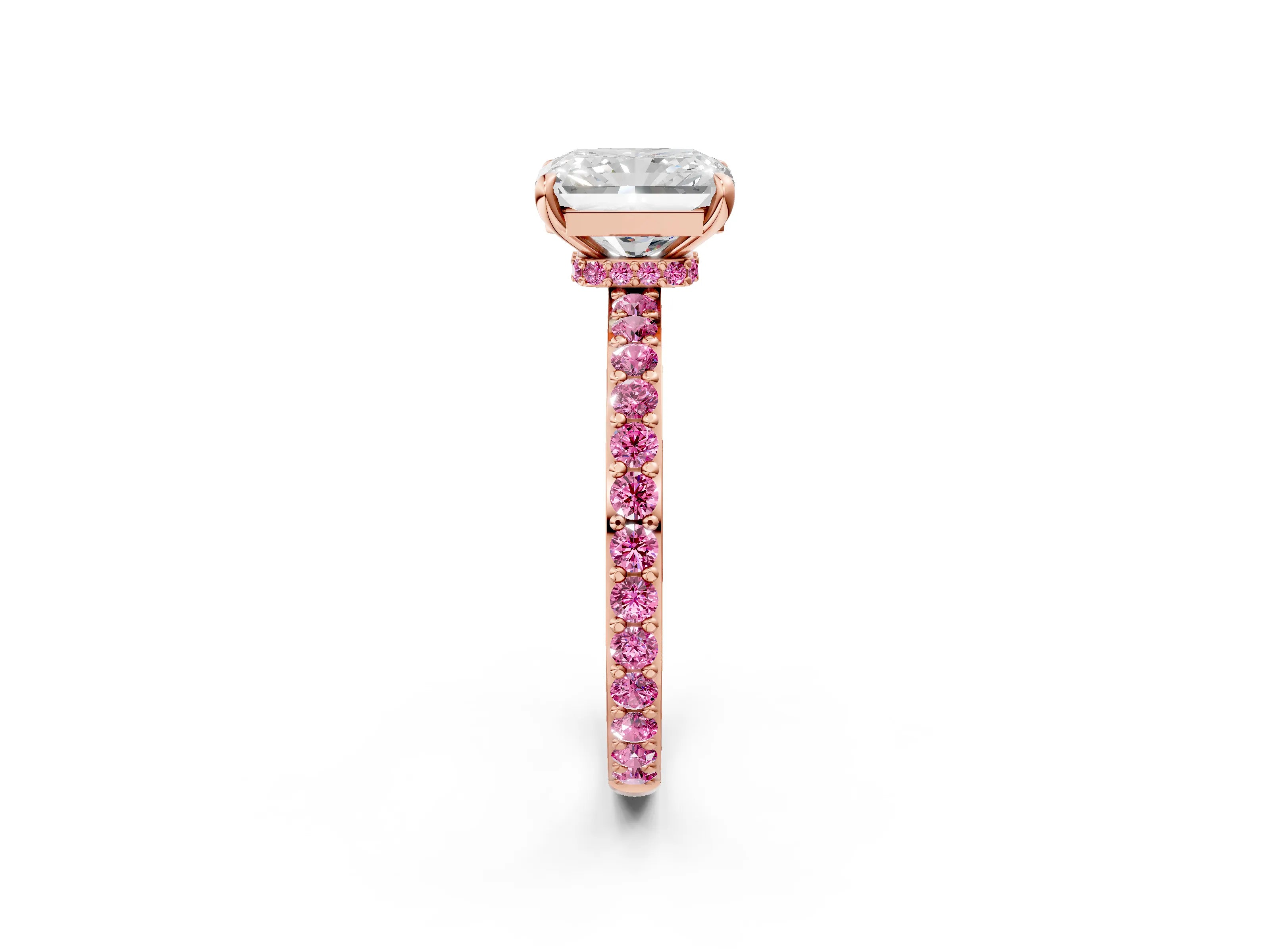 Rose gold Radiant Cut Diamond Pavé Engagement Ring with Round with Pink Sapphire side stone Accents and Prong Setting_2