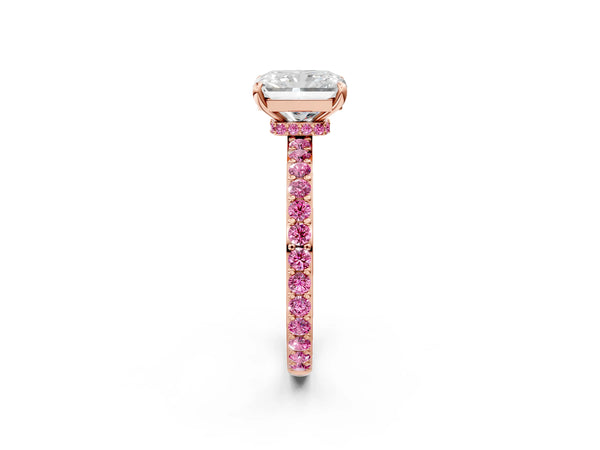 Rose Gold Radiant Cut Hidden Halo Engagement Ring Setting with Lab-Grown Pink Sapphire Pave Band