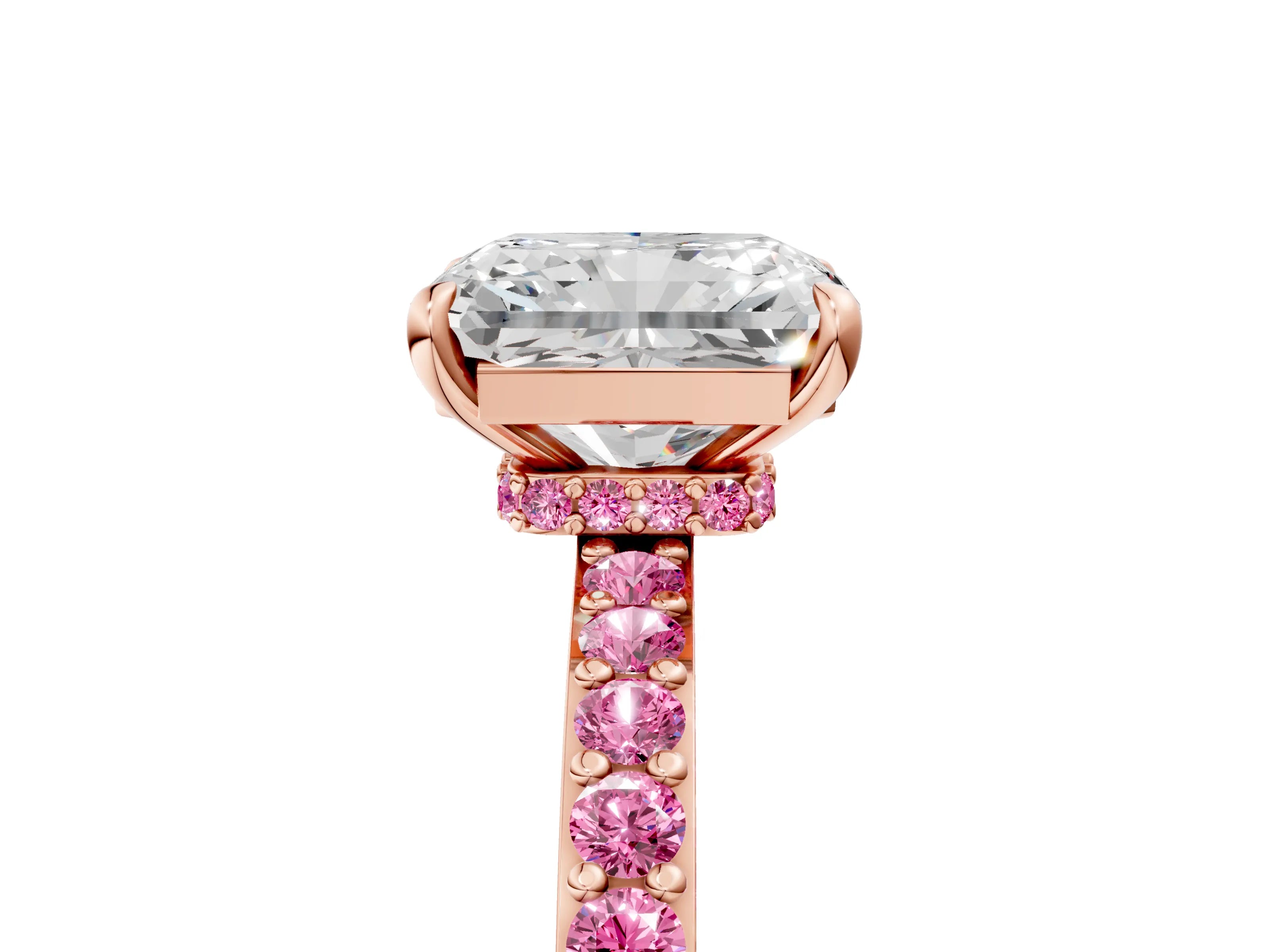 Rose gold Radiant Cut Diamond Pavé Engagement Ring with Round with Pink Sapphire side stone Accents and Prong Setting_5