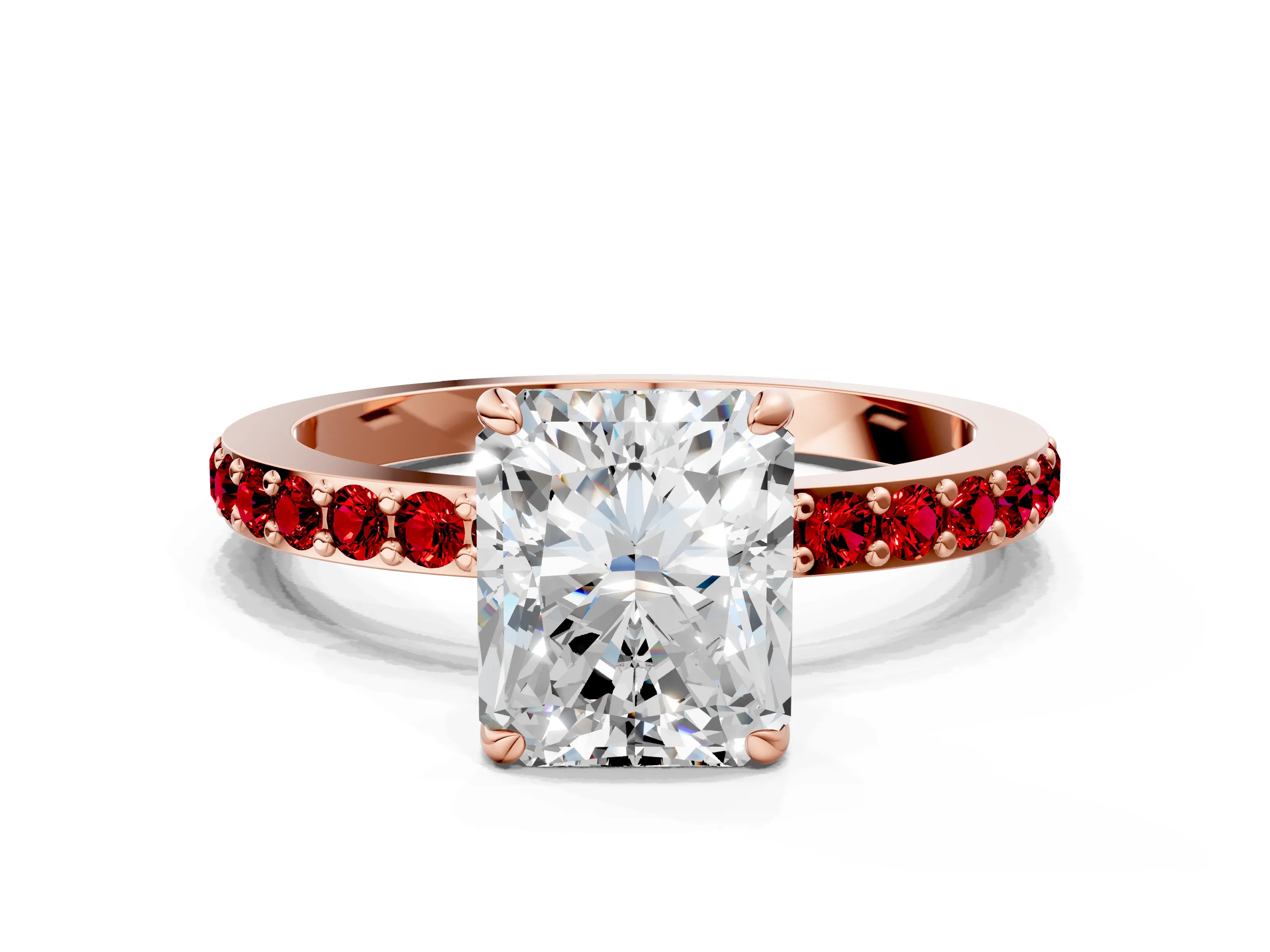 Rose gold Radiant Cut Diamond Pavé Engagement Ring with Round with Ruby side stone Accents and Prong Setting