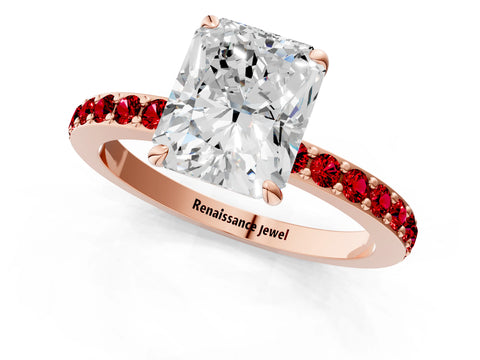 Rose gold Radiant Cut Diamond Pavé Engagement Ring with Round with Ruby side stone Accents and Prong Setting_1