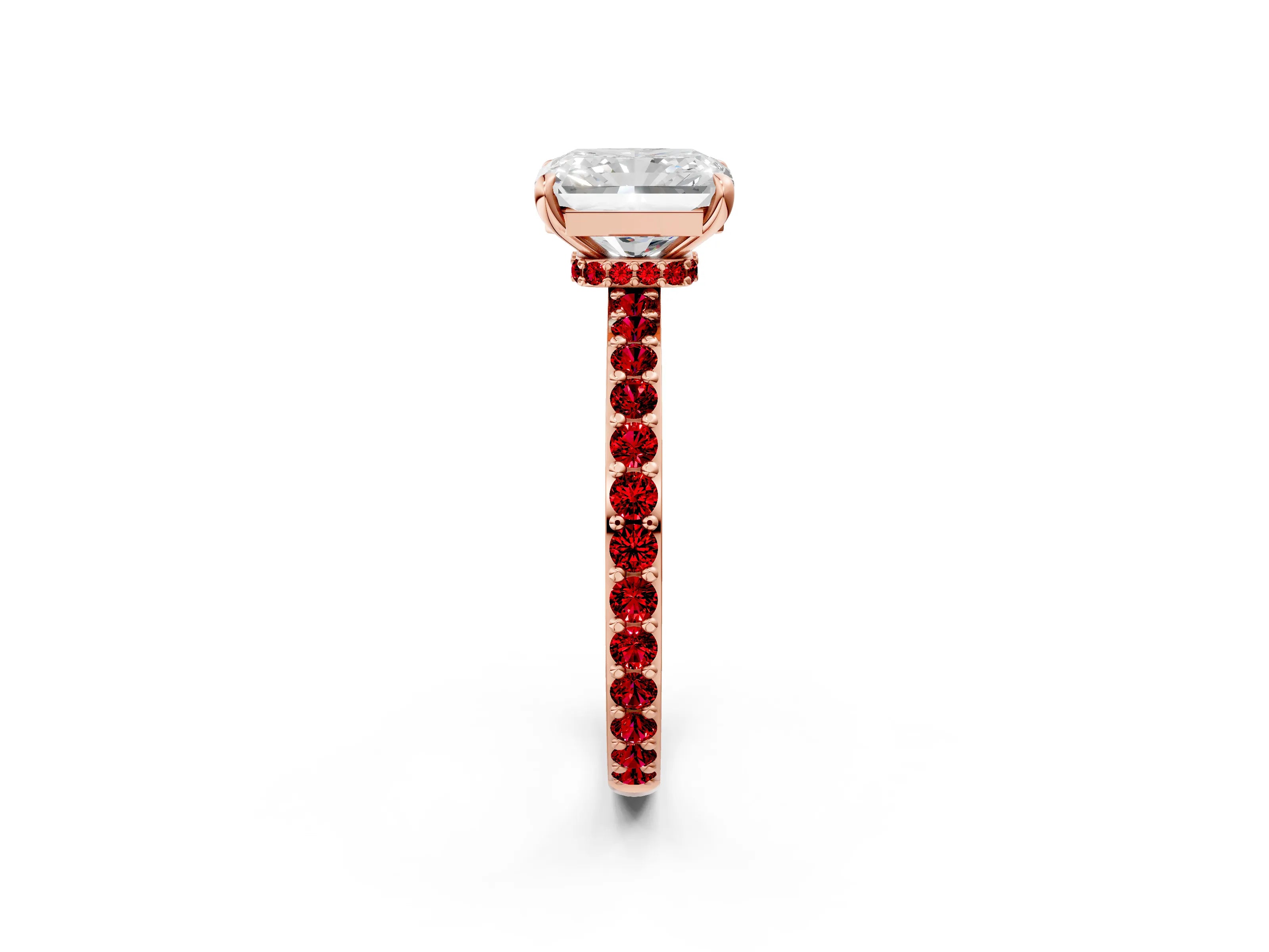 Rose gold Radiant Cut Diamond Pavé Engagement Ring with Round with Ruby side stone Accents and Prong Setting_2