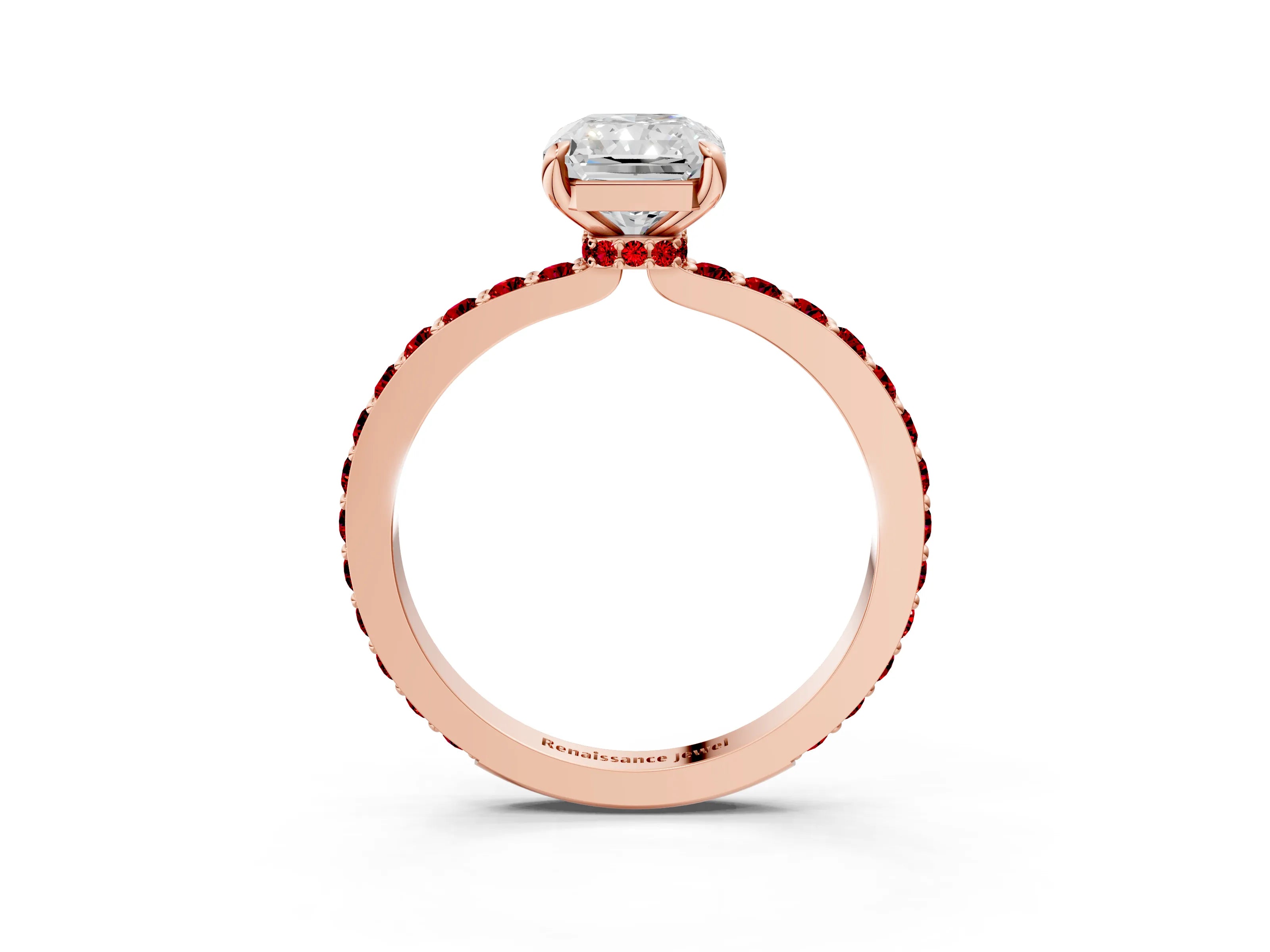 Rose gold Radiant Cut Diamond Pavé Engagement Ring with Round with Ruby side stone Accents and Prong Setting_3