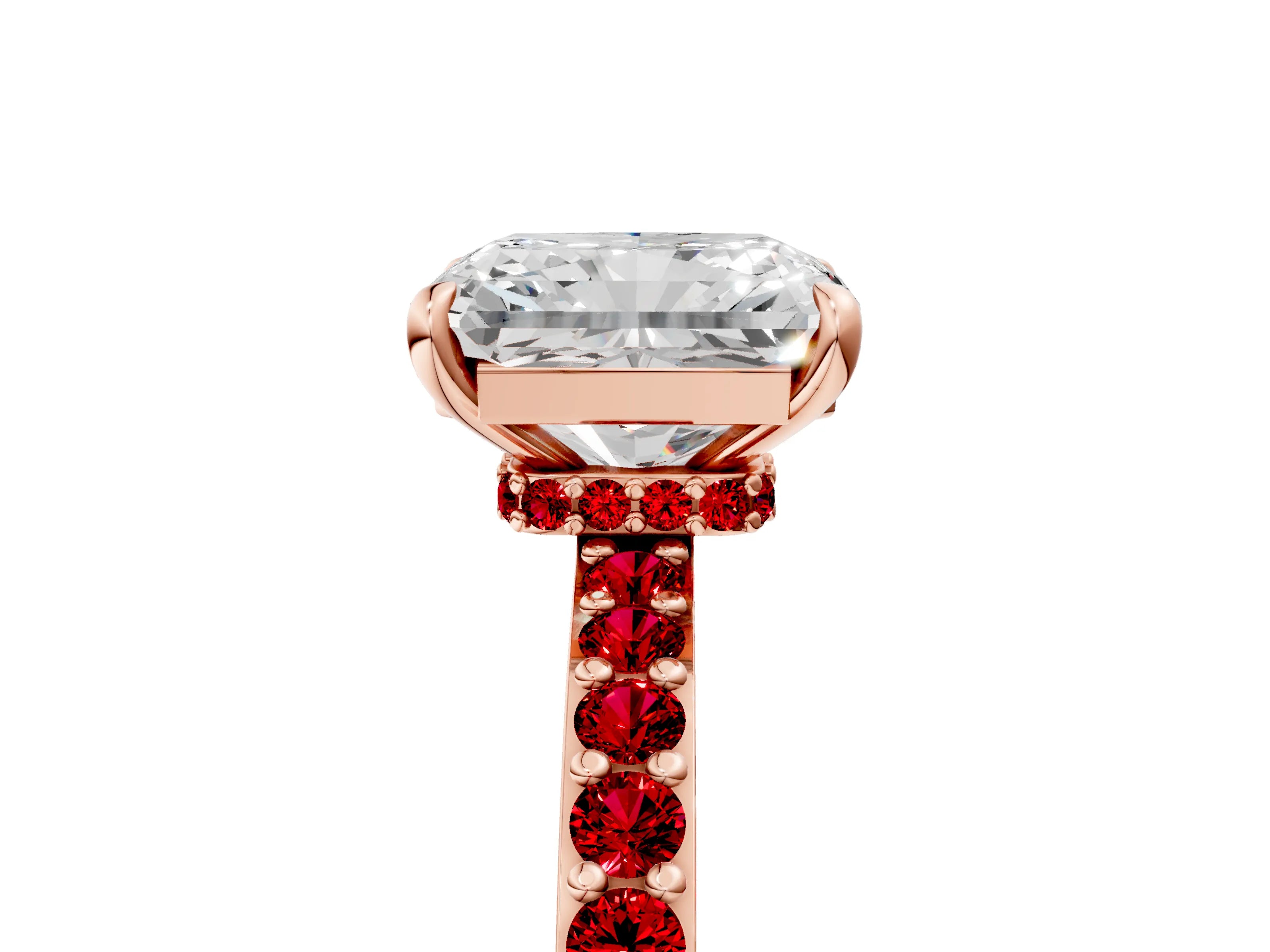 Rose gold Radiant Cut Diamond Pavé Engagement Ring with Round with Ruby side stone Accents and Prong Setting_5