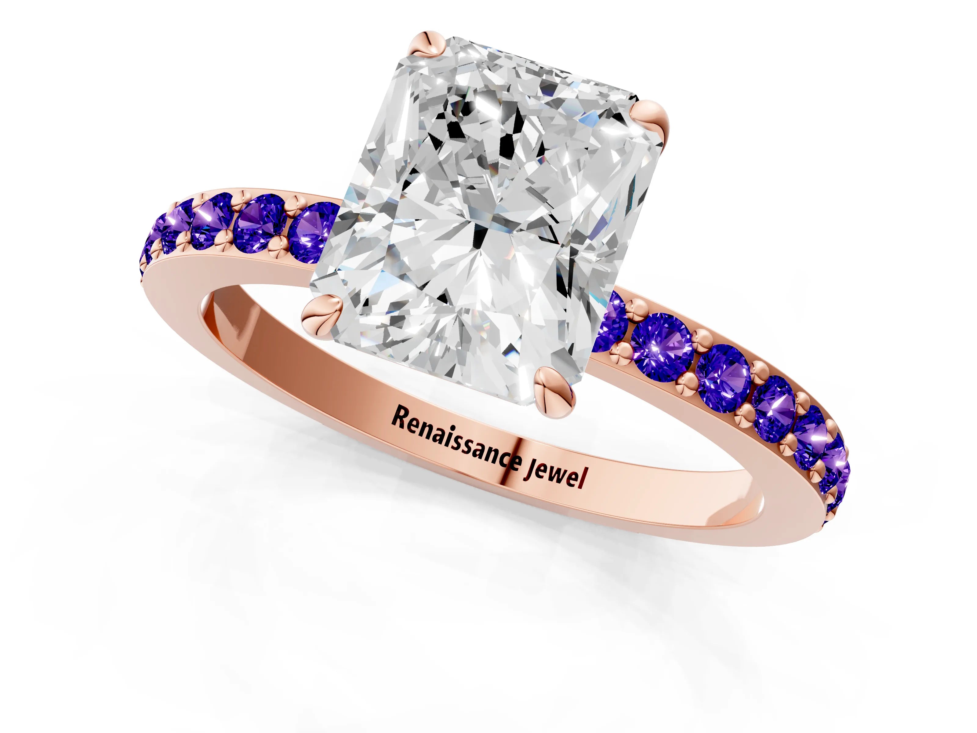 Rose gold Radiant Cut Diamond Pavé Engagement Ring with Round with Tanzanite side stone Accents and Prong Setting_1