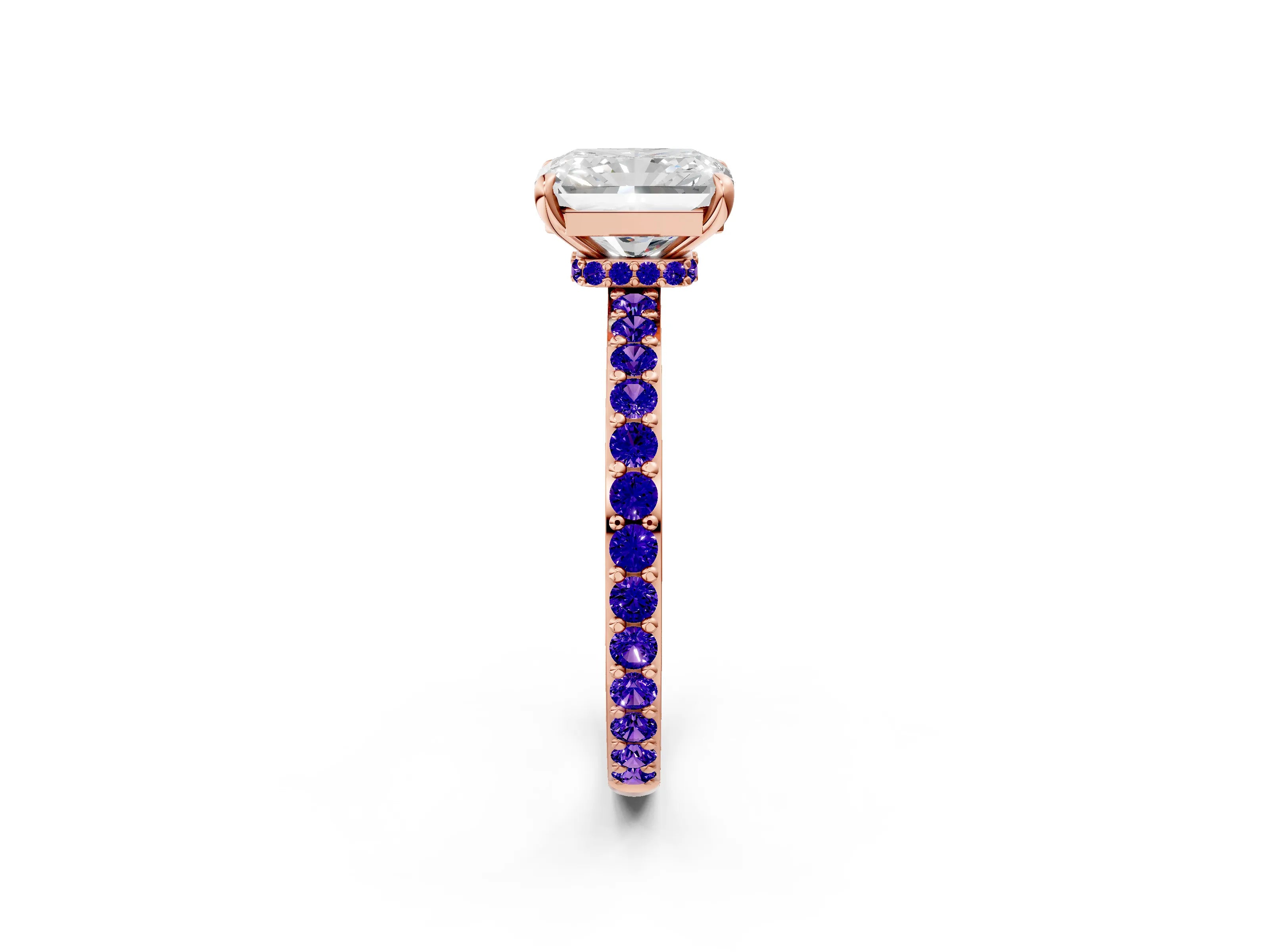 Rose gold Radiant Cut Diamond Pavé Engagement Ring with Round with Tanzanite side stone Accents and Prong Setting_2