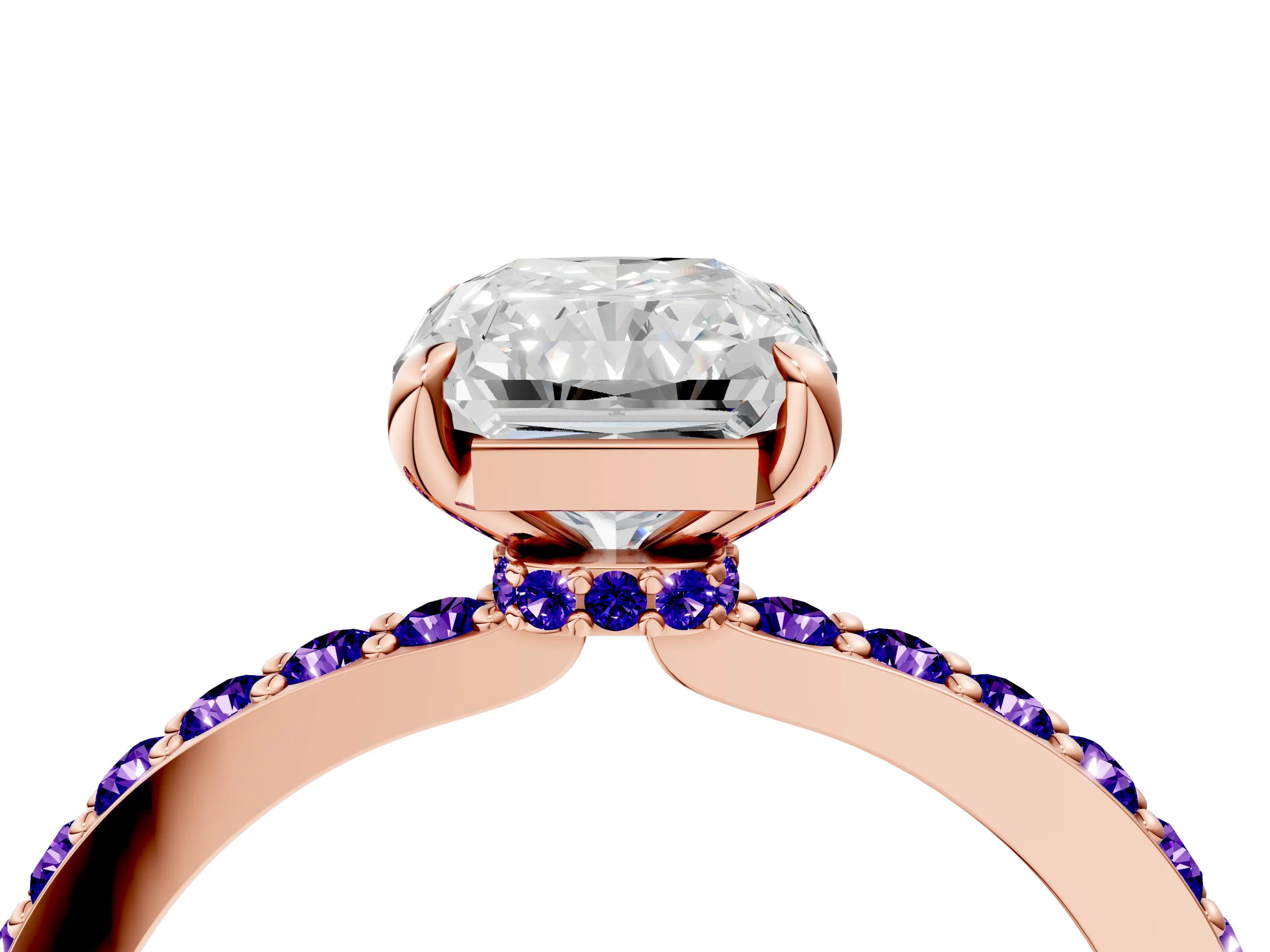 Rose gold Radiant Cut Diamond Pavé Engagement Ring with Round with Tanzanite side stone Accents and Prong Setting_4