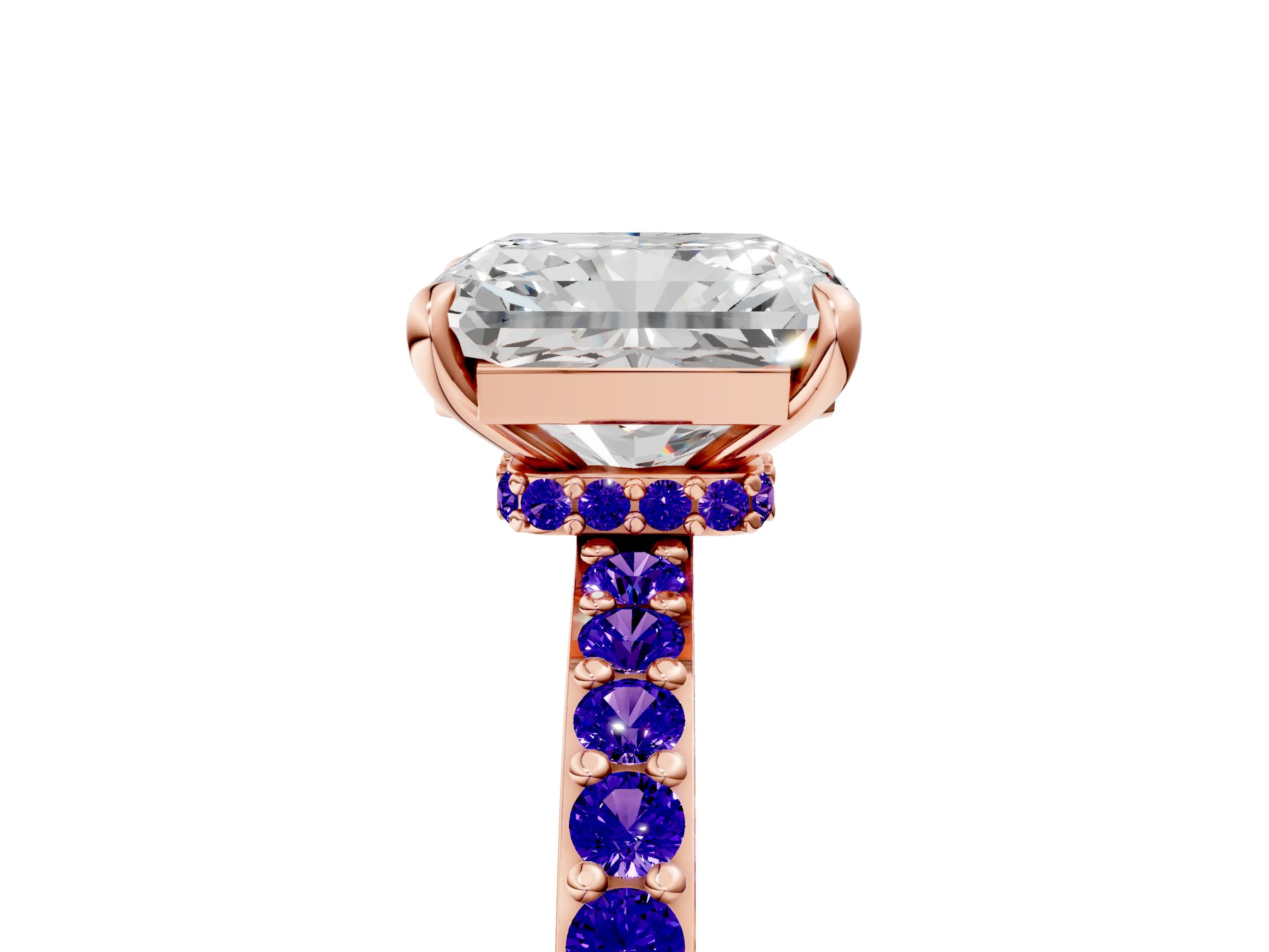 Rose gold Radiant Cut Diamond Pavé Engagement Ring with Round with Tanzanite side stone Accents and Prong Setting_5