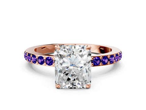 Rose gold Radiant Cut Diamond Pavé Engagement Ring with Round with Tanzanite side stone Accents and Prong Setting
