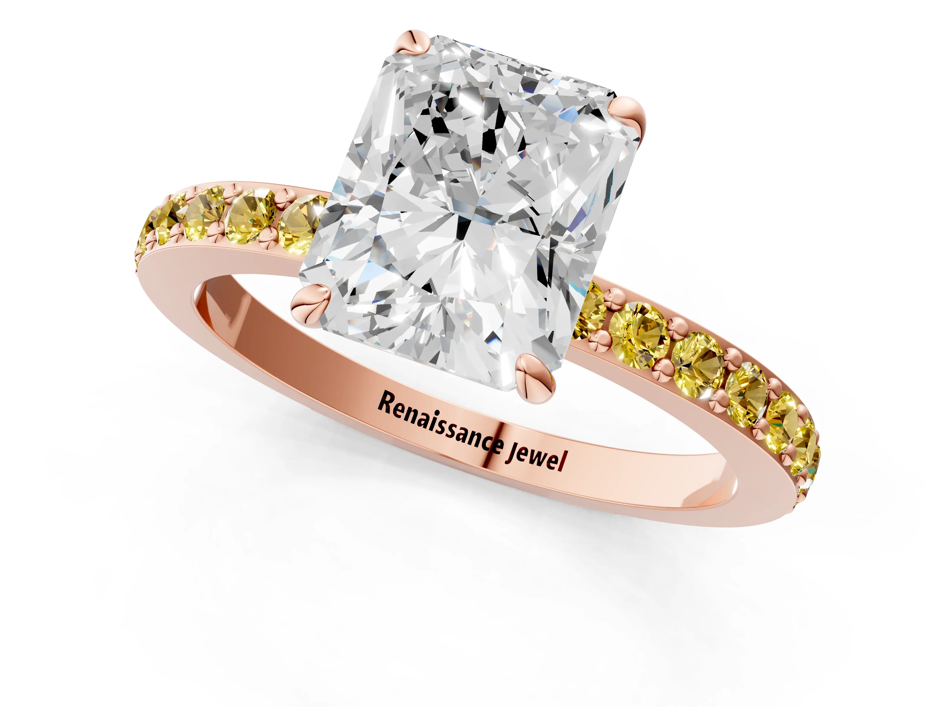 Rose gold Radiant Cut Diamond Pavé Engagement Ring with Round with Yellow Sapphire side stone Accents and Prong Setting_1