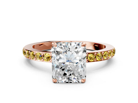 Rose gold Radiant Cut Diamond Pavé Engagement Ring with Round with Yellow Sapphire side stone Accents and Prong Setting