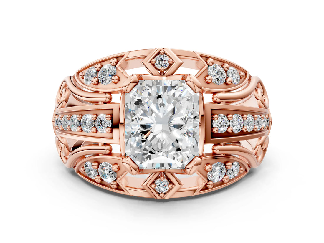 Rose gold Radiant Cut Diamond Pave Art Deco Split Shank Ring with Four-Prong Setting_13