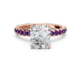 Rose gold Radiant Cut Diamond Pave Band Solitaire Ring with Round with Amethyst side stone and Prong Setting
