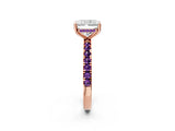 Rose gold Radiant Cut Diamond Pave Band Solitaire Ring with Round with Amethyst side stone and Prong Setting_2