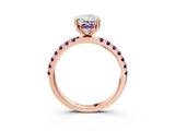 Rose gold Radiant Cut Diamond Pave Band Solitaire Ring with Round with Amethyst side stone and Prong Setting_3
